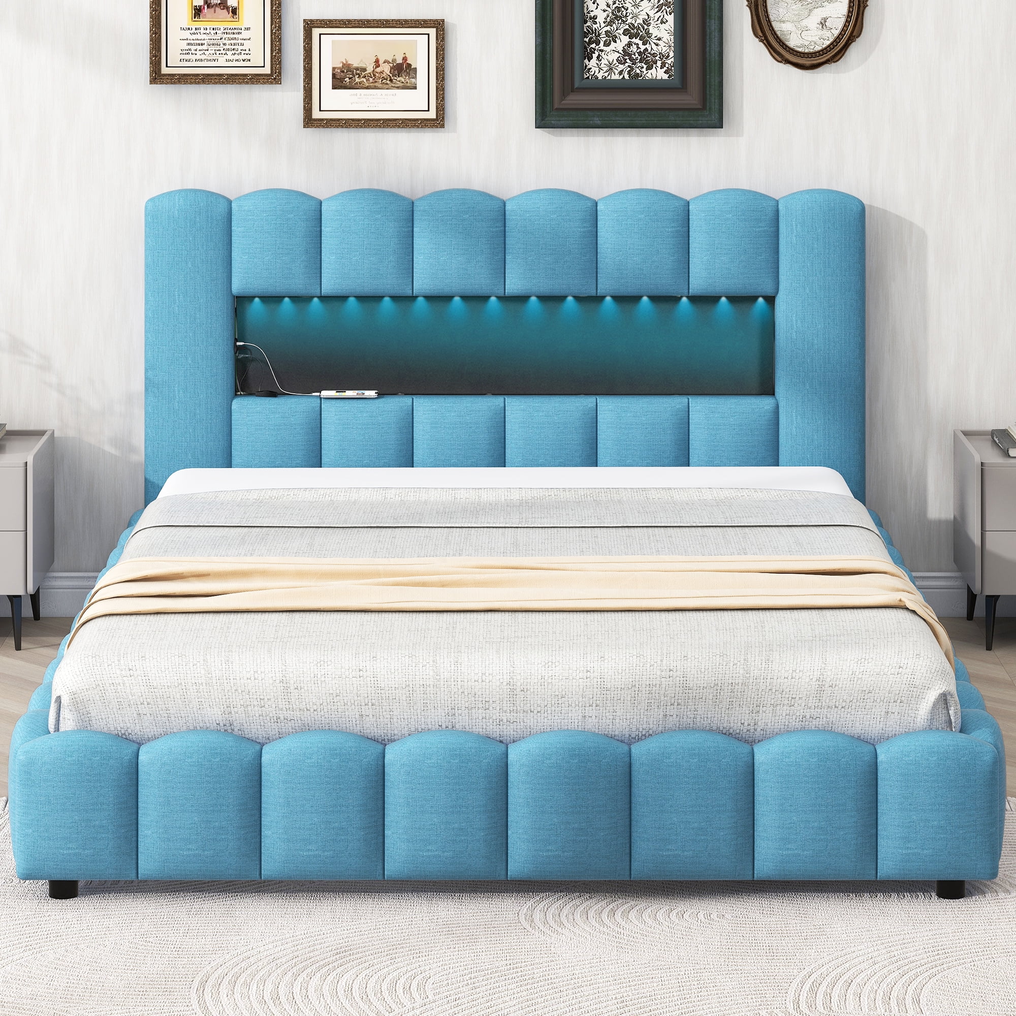 Euroco Upholstered Queen Bed, Platform Bed with Lift up Storage, LED Light Strip and USB Charging, Blue