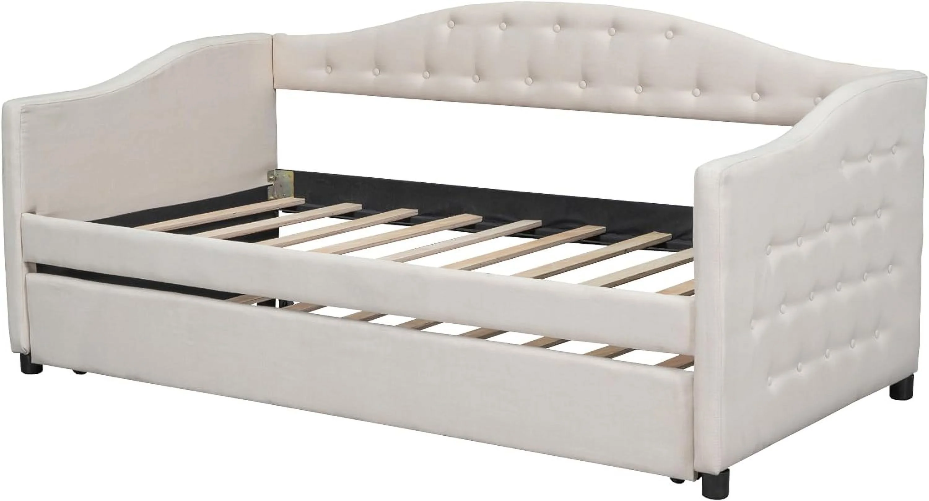 Twin Upholstered Daybed, Linen Fabric Upholstered Tufted Sofa Bed with Trundle, Sofa Bed Trundle Daybed with Wood Frame
