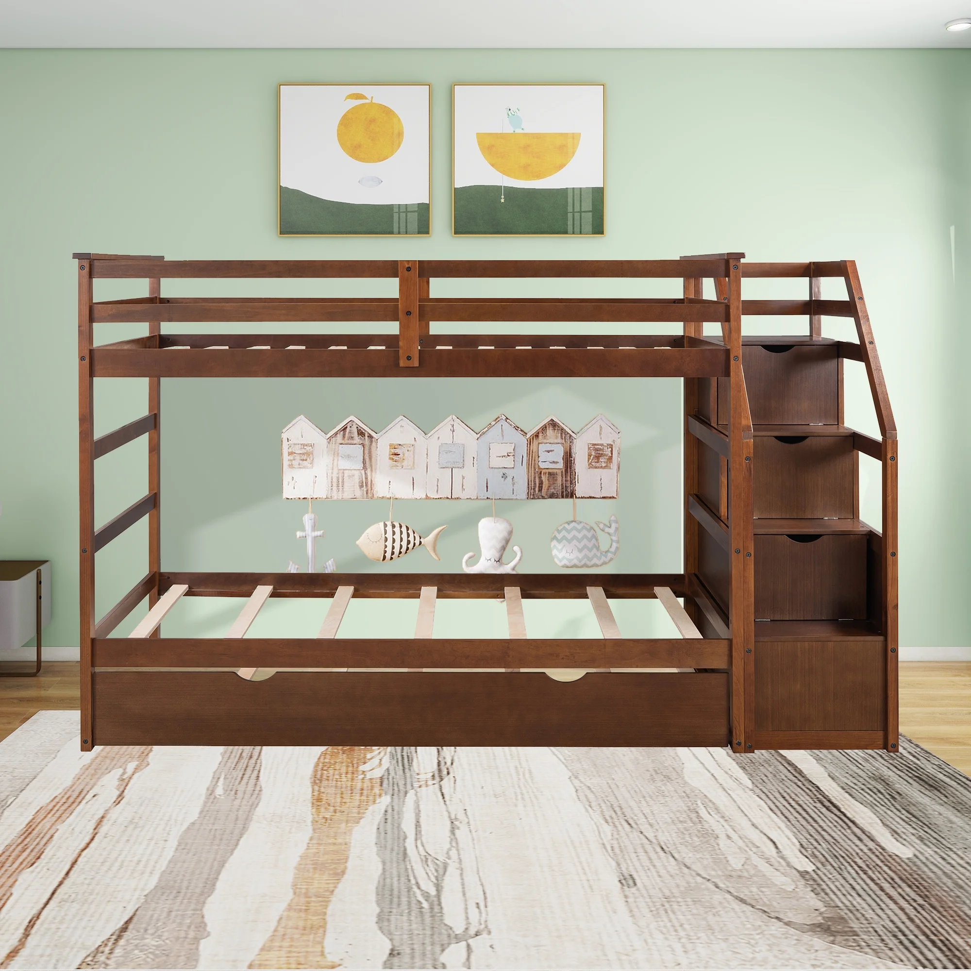Twin Over Twin Bunk Bed Frame with Twin Size Trundle and 3 Storage Stairs Walnut