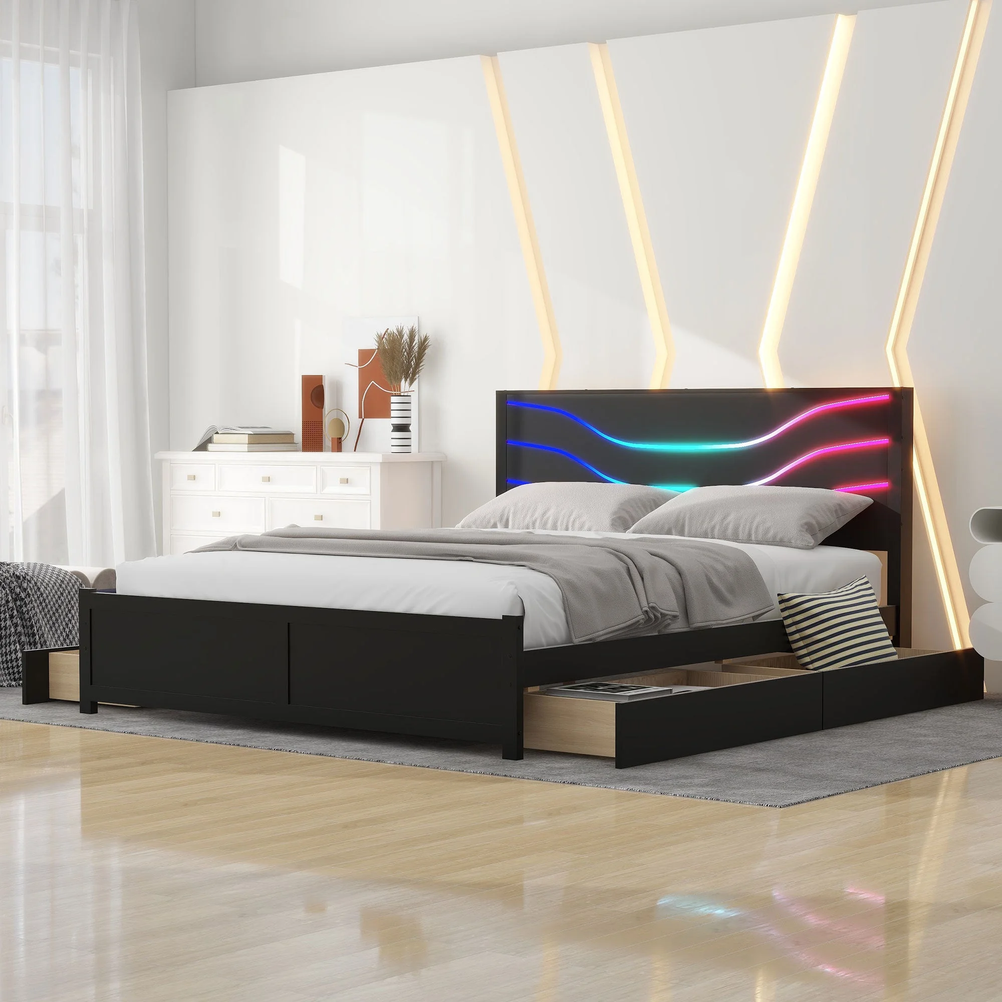 Florence Queen Size Platform Bed w  LED and 4 Drawers - Black