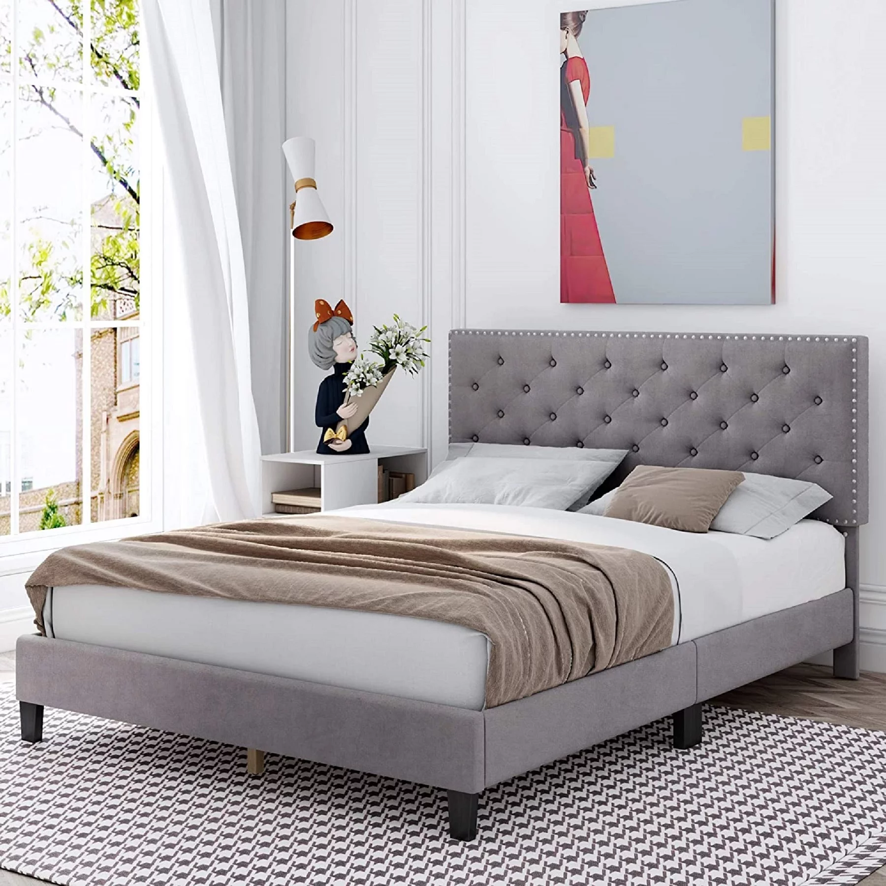 Homfa Full Size Bed, Modern Upholstered Platform Bed Frame with Adjustable Headboard for Bedroom, Grey