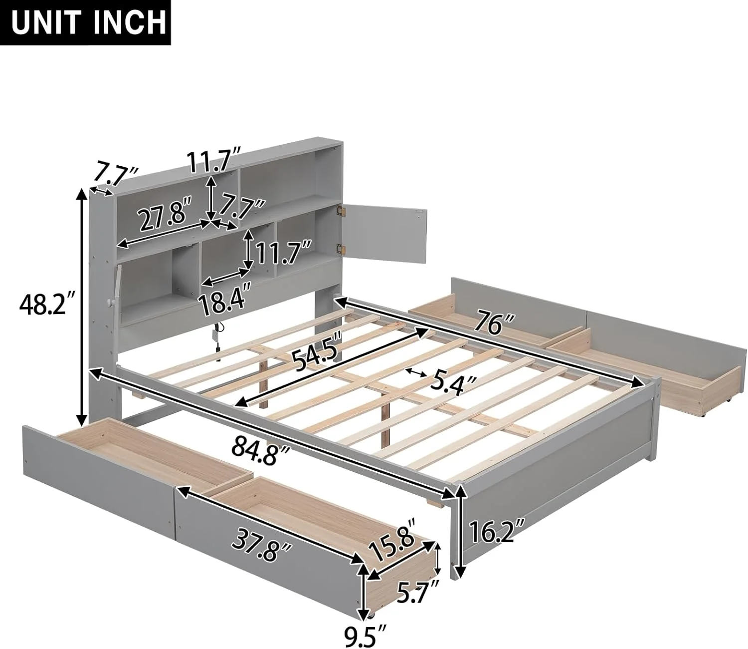 Full Bed Frame With Bookcase Headboard Ad 4 Drawers, Wood Full Size Platform Bed With Chargig Statio For Kids Tees Adults, o Box Sprig eeded, Grey