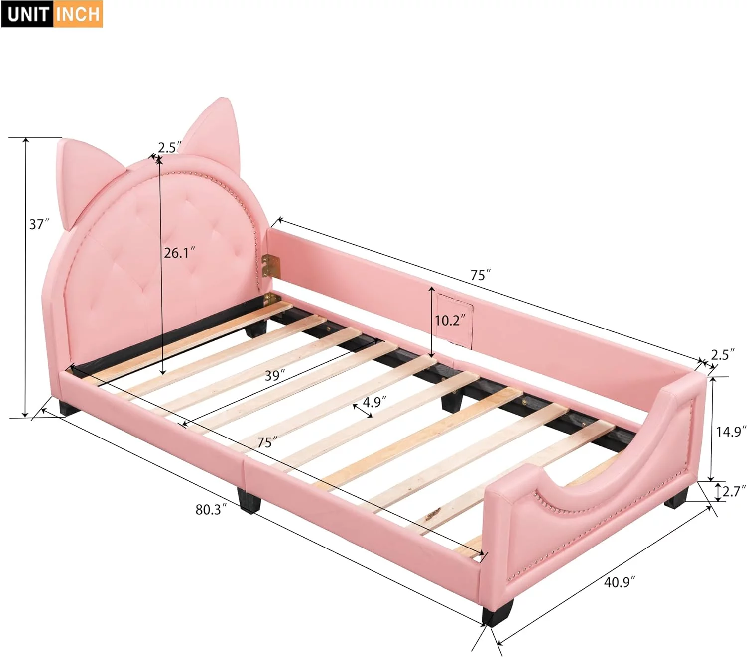 Kids Bed Upholsered Daybed Wih Caro Ears Shaped Headboard, Woode Plaform Bed Frame For Girls Boys, Cue PU Leaher Sofa Bed, o Box Sprig eeded (, )
