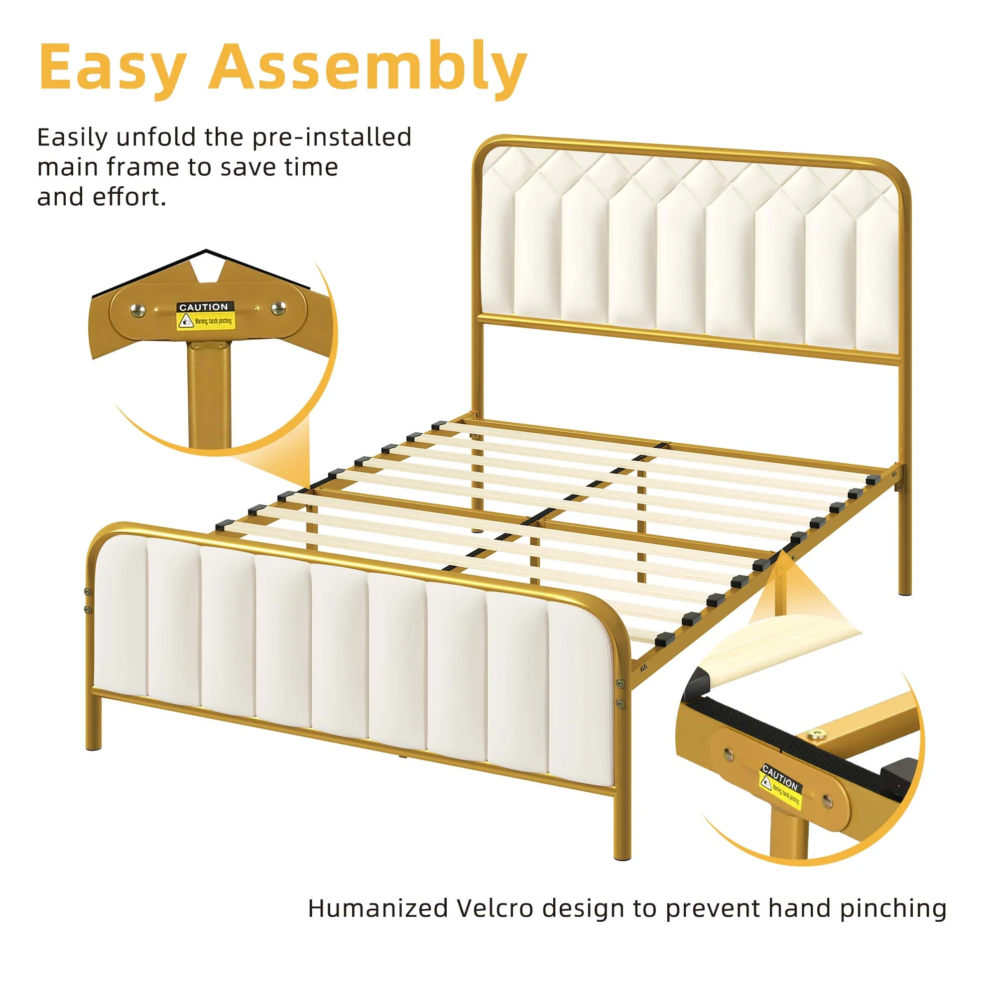 DWVO Upholstered Full Size Platform Bed Frame with Headboard, Wooden Slats Mattress Foundation with Soundproof Cotton, Beige