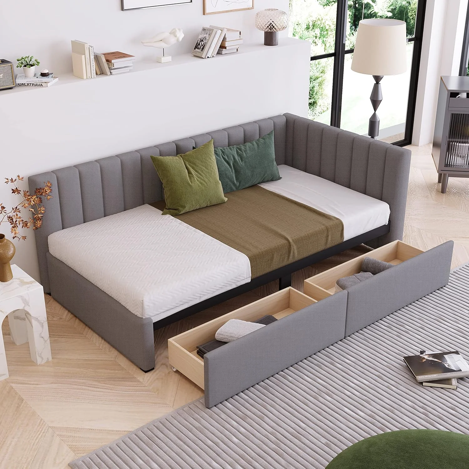 Upholstered Daybed With 2 Storage Drawers, Size Daybed With Wood Slats, Linen Fabric Size Sofa Bed Frame For Living Room Bedroom, No Box Spring Needed (, Gray)