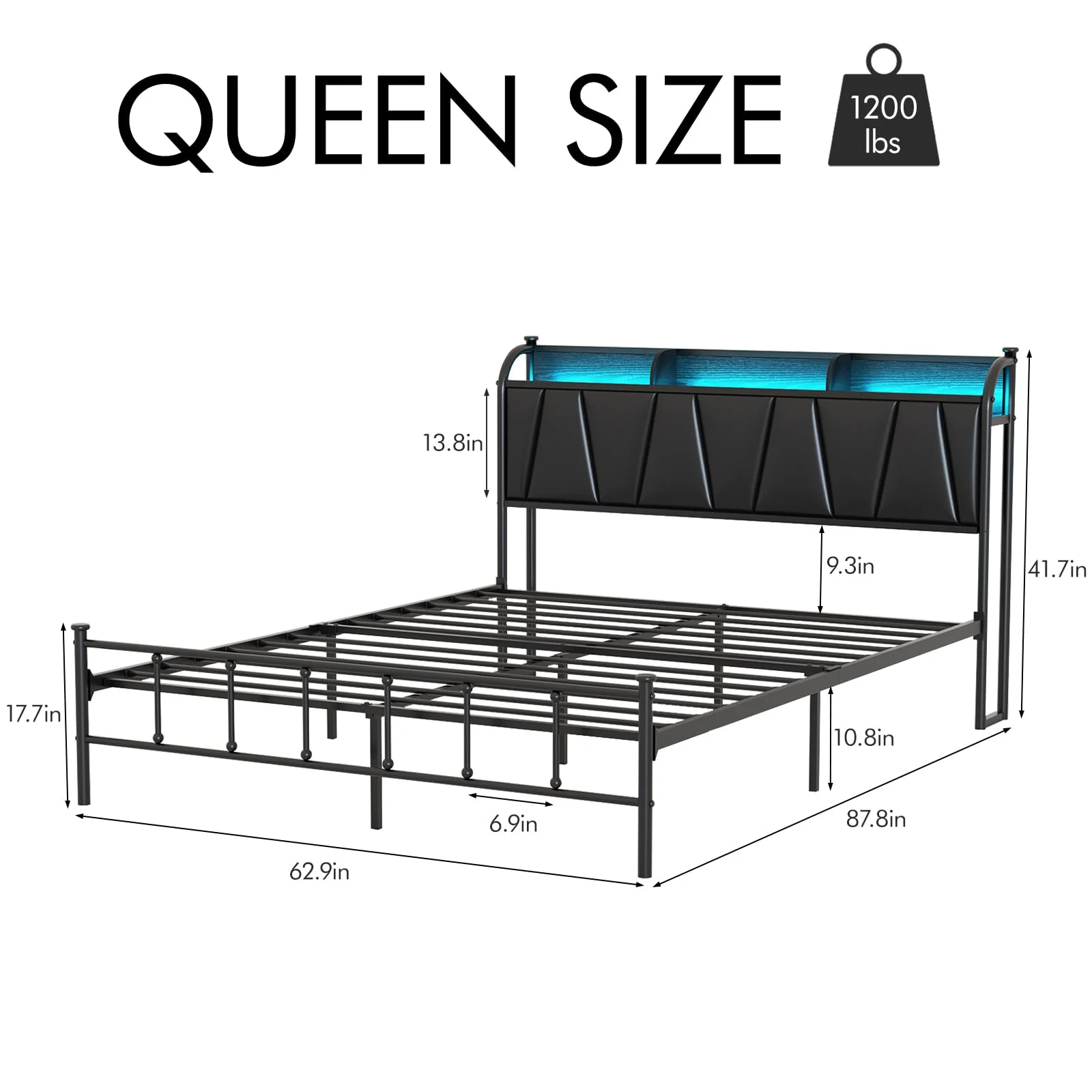 VEANERWOOD Black Queen Size Bed Frame with Led Lights and Charing Station, Upholstered Headboard with Storage Shelves, Farmhouse Platform Bed, No Box Spring Needed