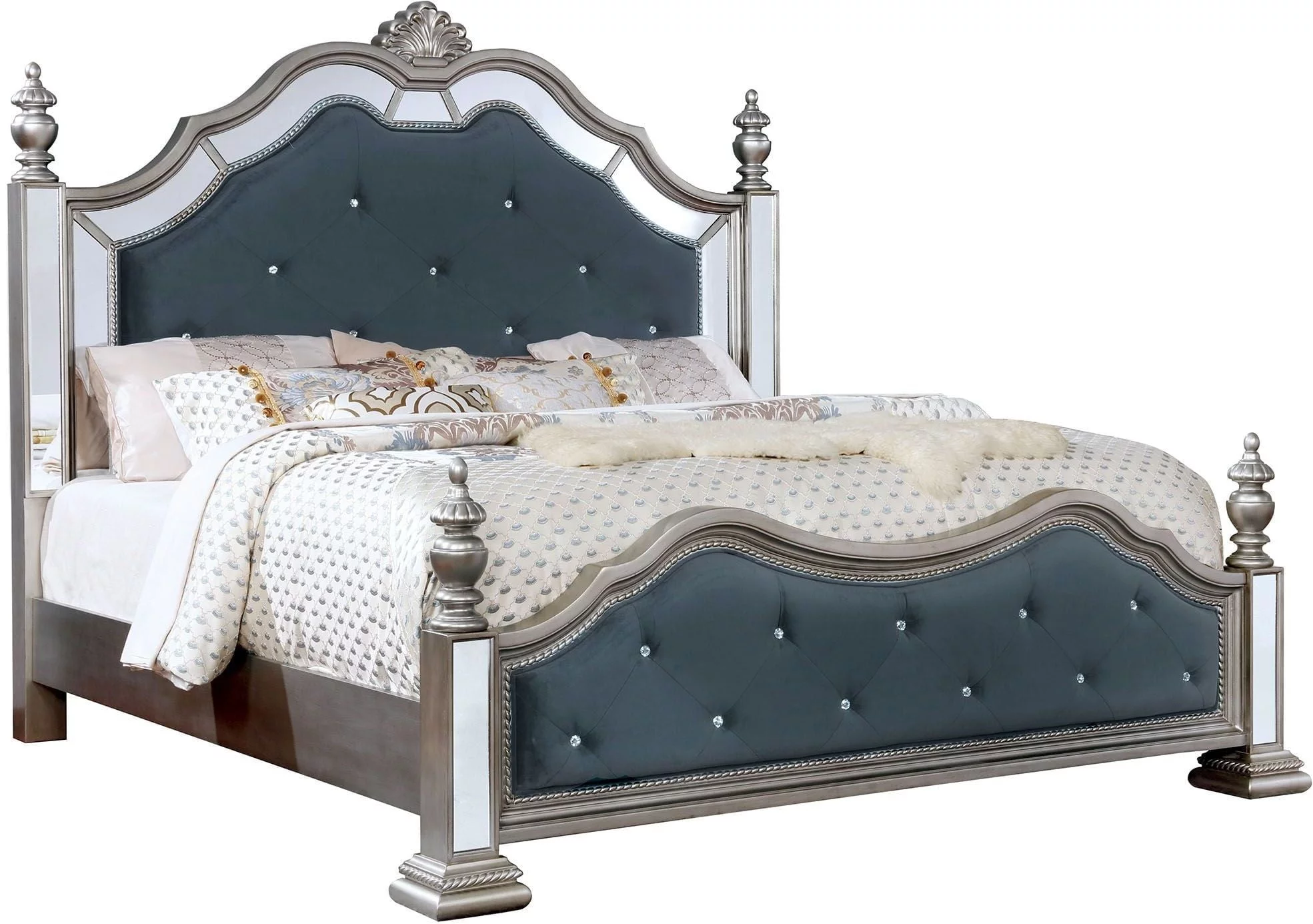 California King Size Bed Mirror Trim Tufted Padded HB FB Gray Fabric Silver Bed Frame Formal Bedroom Furniture