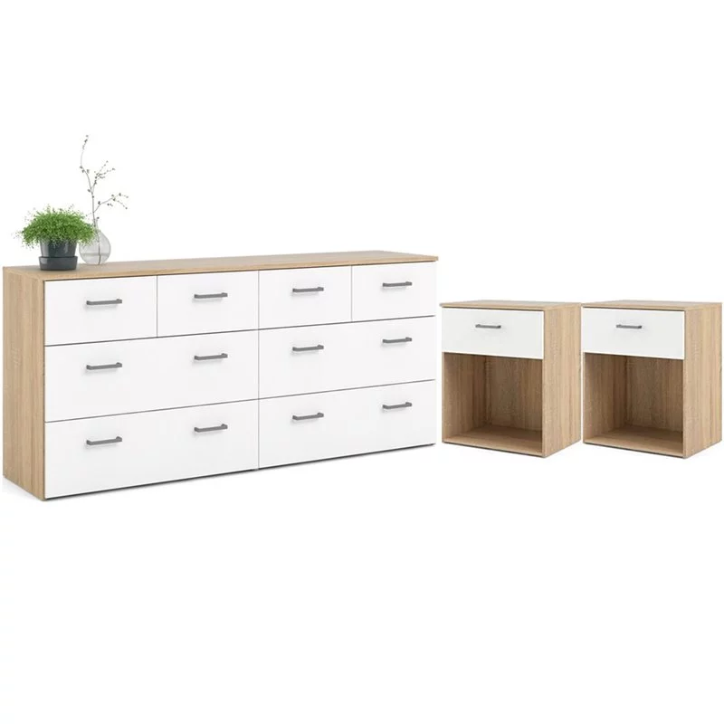 Home Square Contemporary Design 3 piece Bedroom Set with Two 1 Drawer Nightstands and 8 Drawer Double Dresser in Oak and White