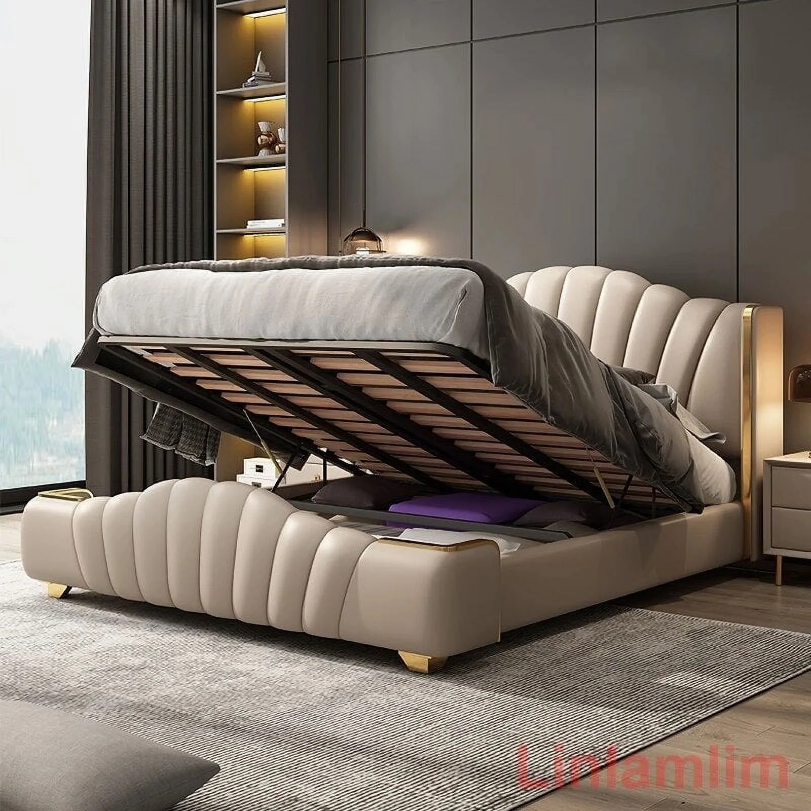 MANBAS Elegant Soft Double Bed Frame with Genuine Leather Headboard Contemporary Upholstered Bed Bedroom Furniture Dormitorio