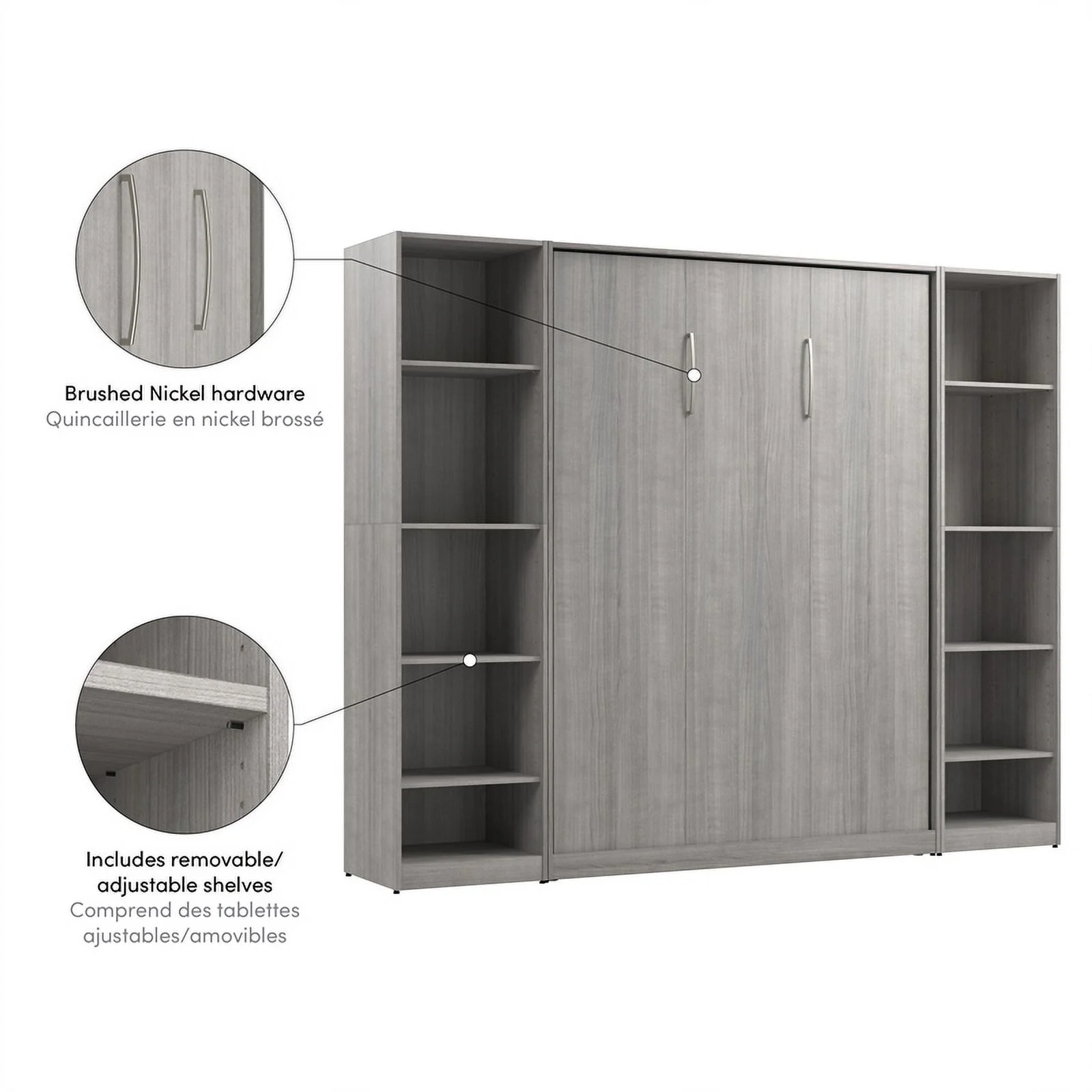 Bestar USA Claremont Wood Full Murphy Bed with Closet Organizers in Gray