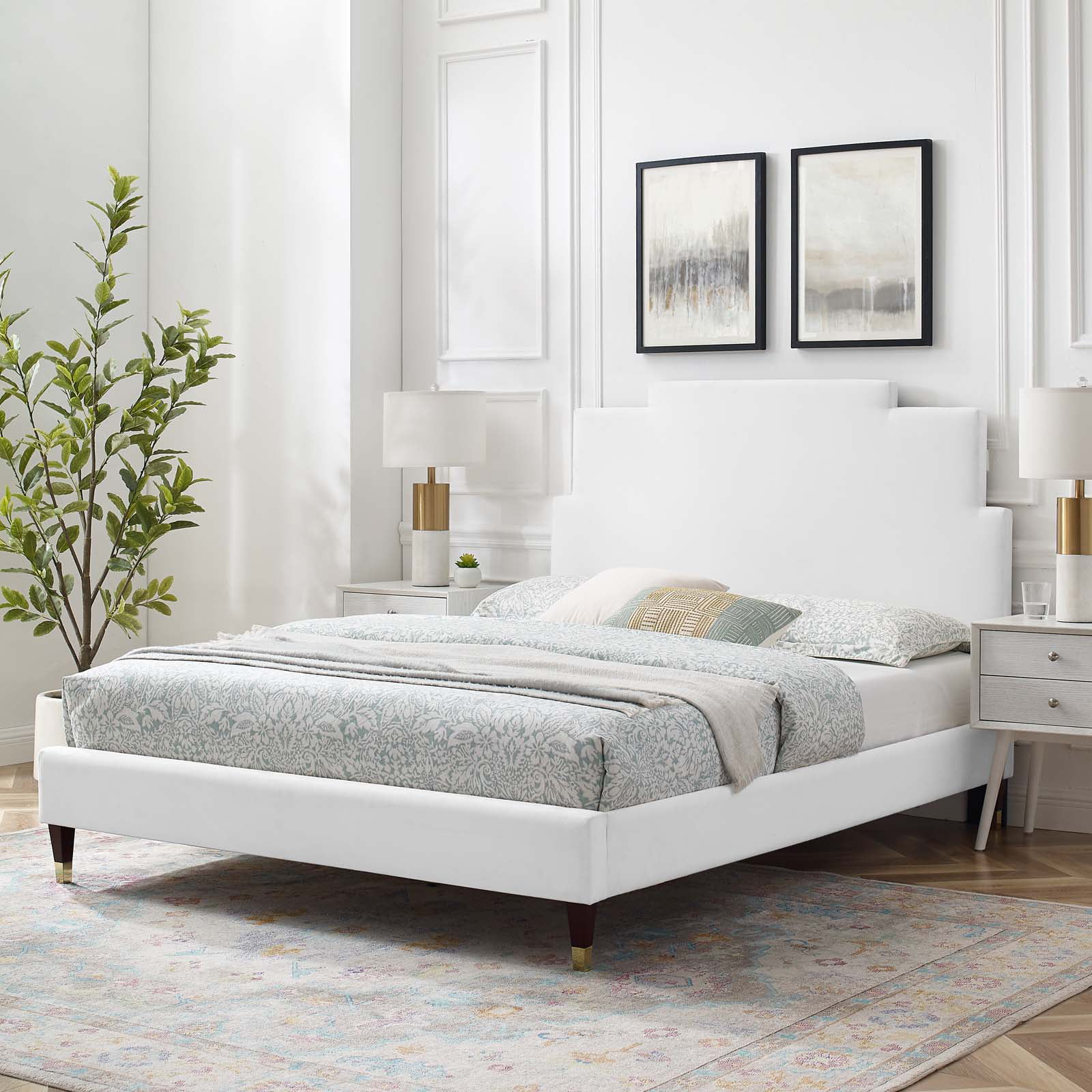 Platform Bed Frame, King Size, Velvet, White, Modern Contemporary Urban Design, Bedroom Master Guest Suite