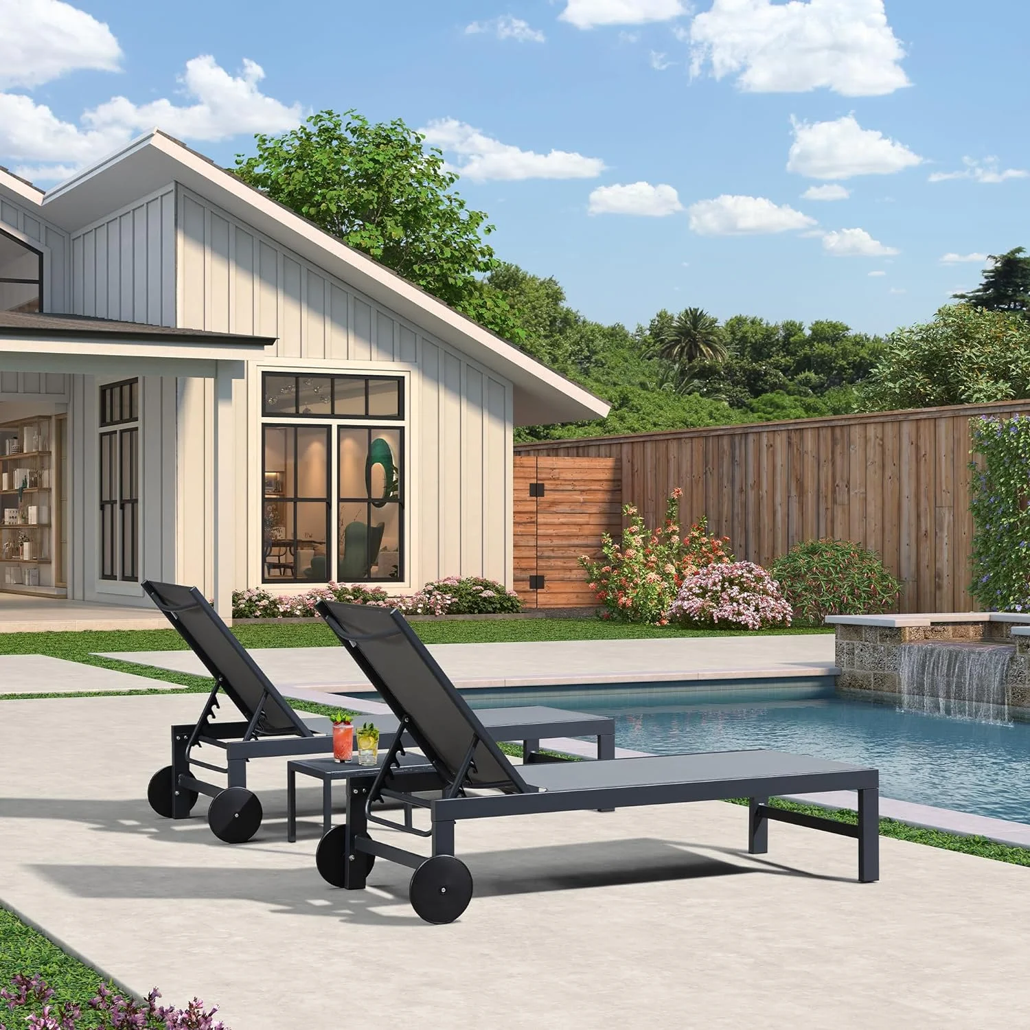 PURPLE LEAF Outdoor Chaise Lounge with Wheels for Outside 2 Pieces Aluminum Patio Lounge Chair with 5 Adjustable Position for Outdoor, Beach, Yard, Pool, Side Table Included, Grey