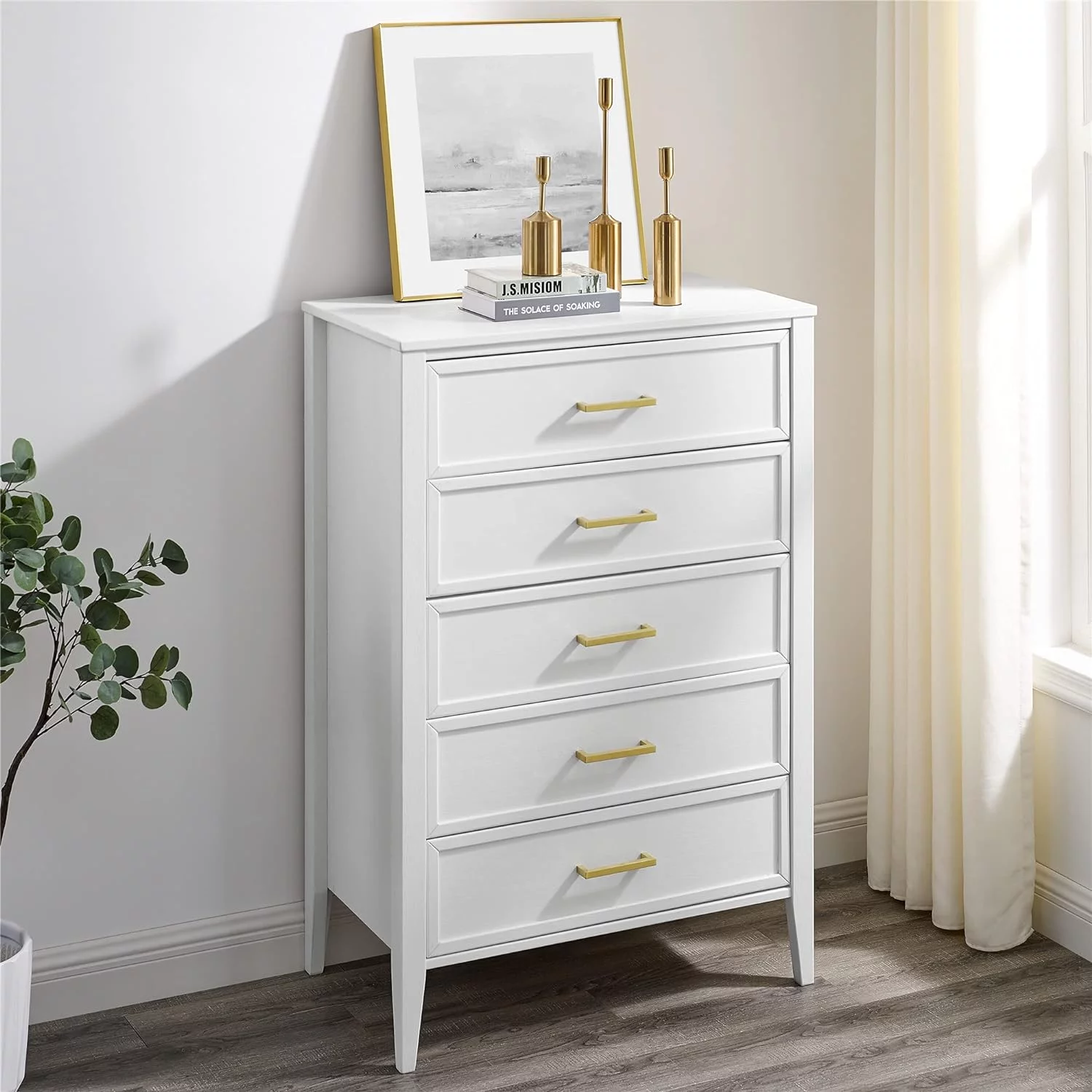 Solid Wood 5 Drawer Dresser-White Chest Of Drawers With Golden Handles,Contemporary -Century Solid Wood Tall Dressers For Bedroom,Organizer Units For Living Room