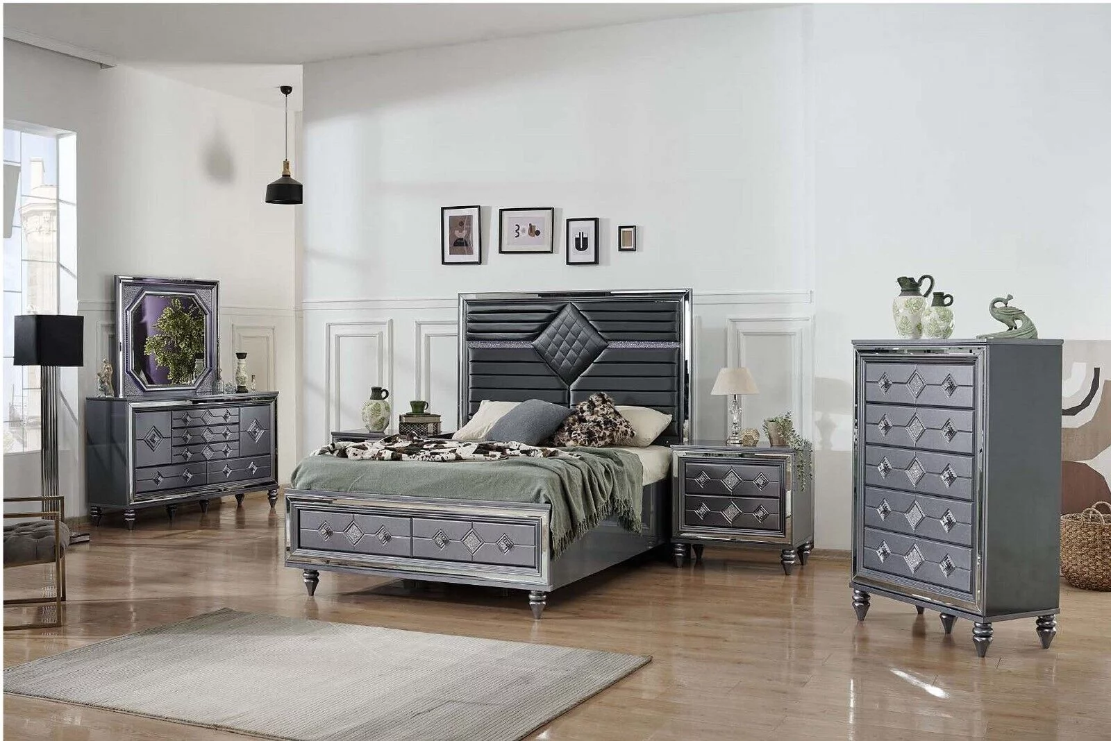 6pc Luxury Dark Gray Queen Bed w/LED Headboard Dresser Mirror Nightstand Chest Bedroom Set