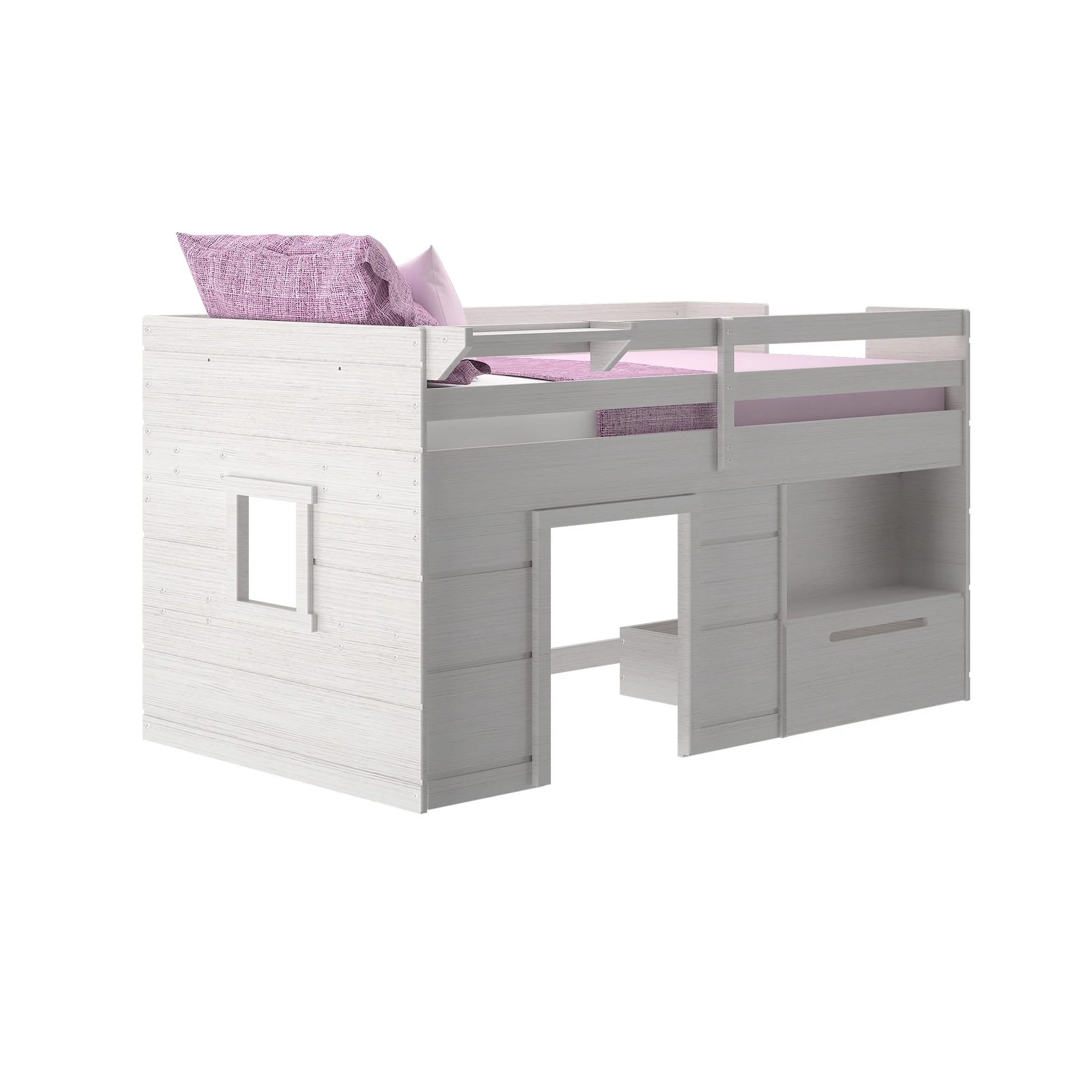 Max & Lily Loft Bed Twin Size, Solid Wood Low Loft Bed with Storage Drawer and Ladder, Modern Farmhouse Loft Bed for Kids, White Wash