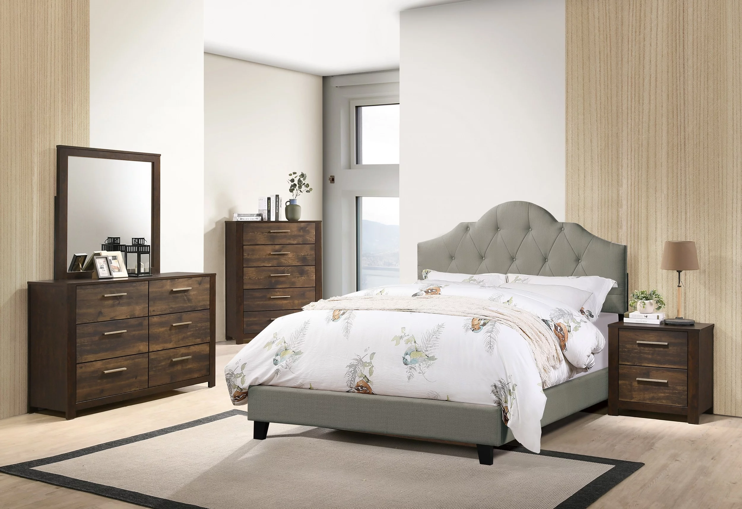Modern Unique Adjustable HB Eastern King Size Bed Dresser Mirror Nightstand 4pc Set Grey Polyfiber Bedroom Bed