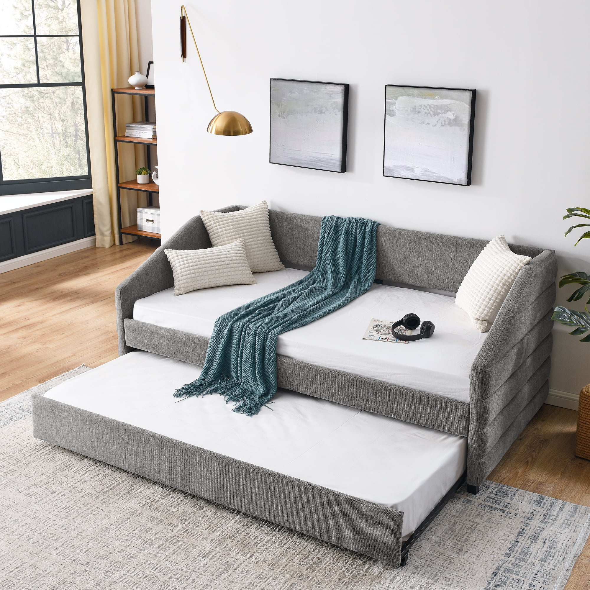Muumblus Twin Size Daybed with Trundle, Modern Upholstered Trundle Bed, Pull Out Sofa Bed for Bedroom, Living Room, Not Box Spring Required, Gray, Linen