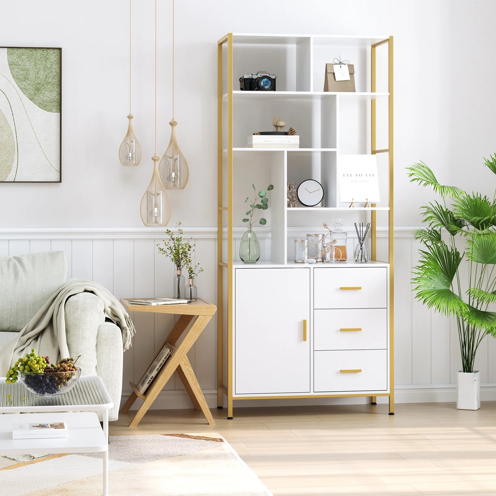 Homfa Bookshelf with Drawers, Gold Shelves with Doors, White Tall Bookcase for Home Office