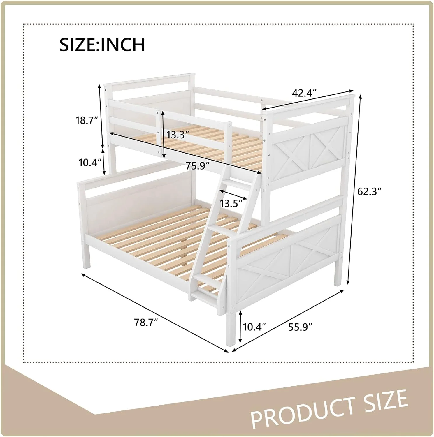 Twin Over Full Bunk Wood Bed Frame with Ladder, Safety Guardrail, Perfect for Boys&Girls