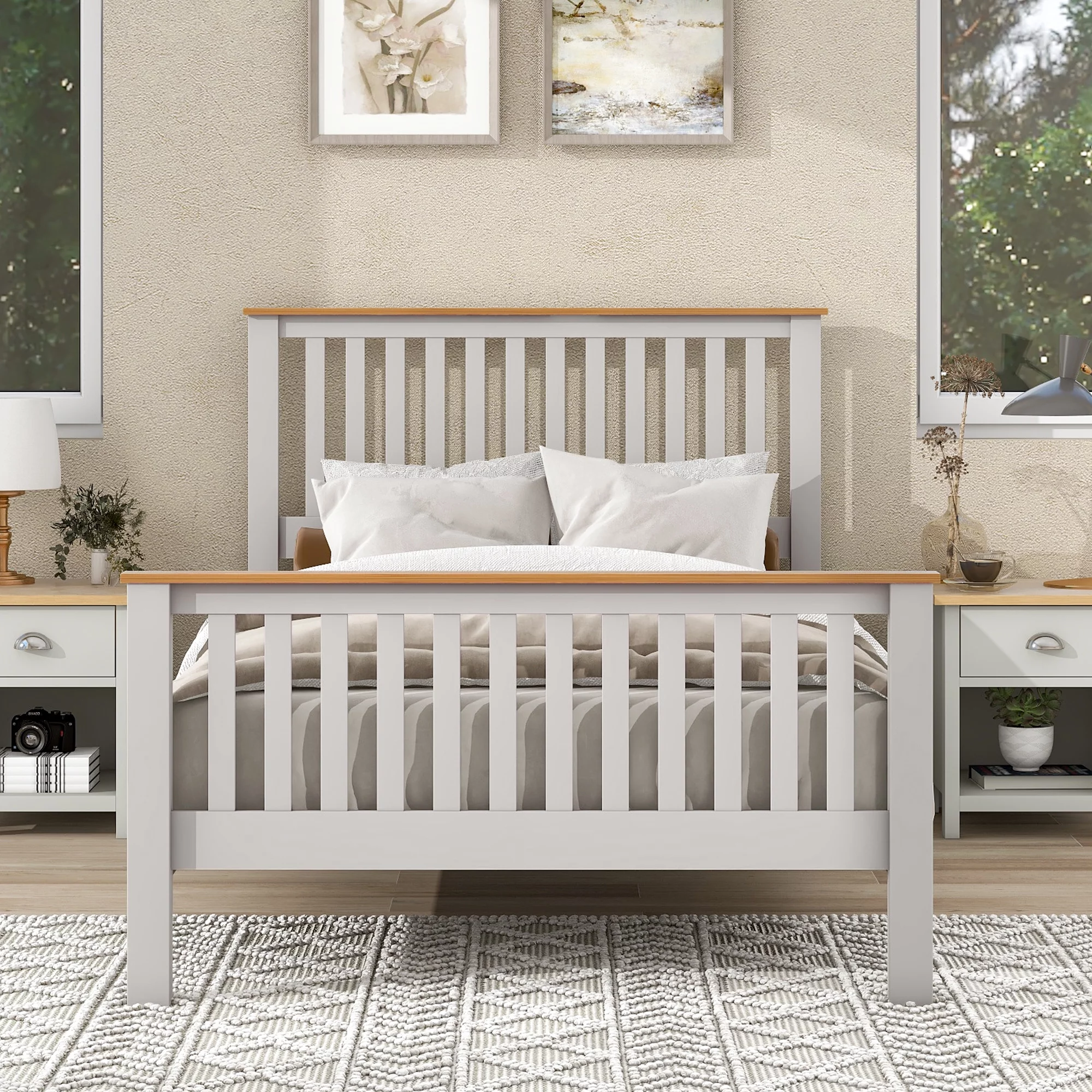 uhomepro Gray Full Size Bed Frame with Headboard, No Box Spring Needed, Country Style Bedroom Furniture