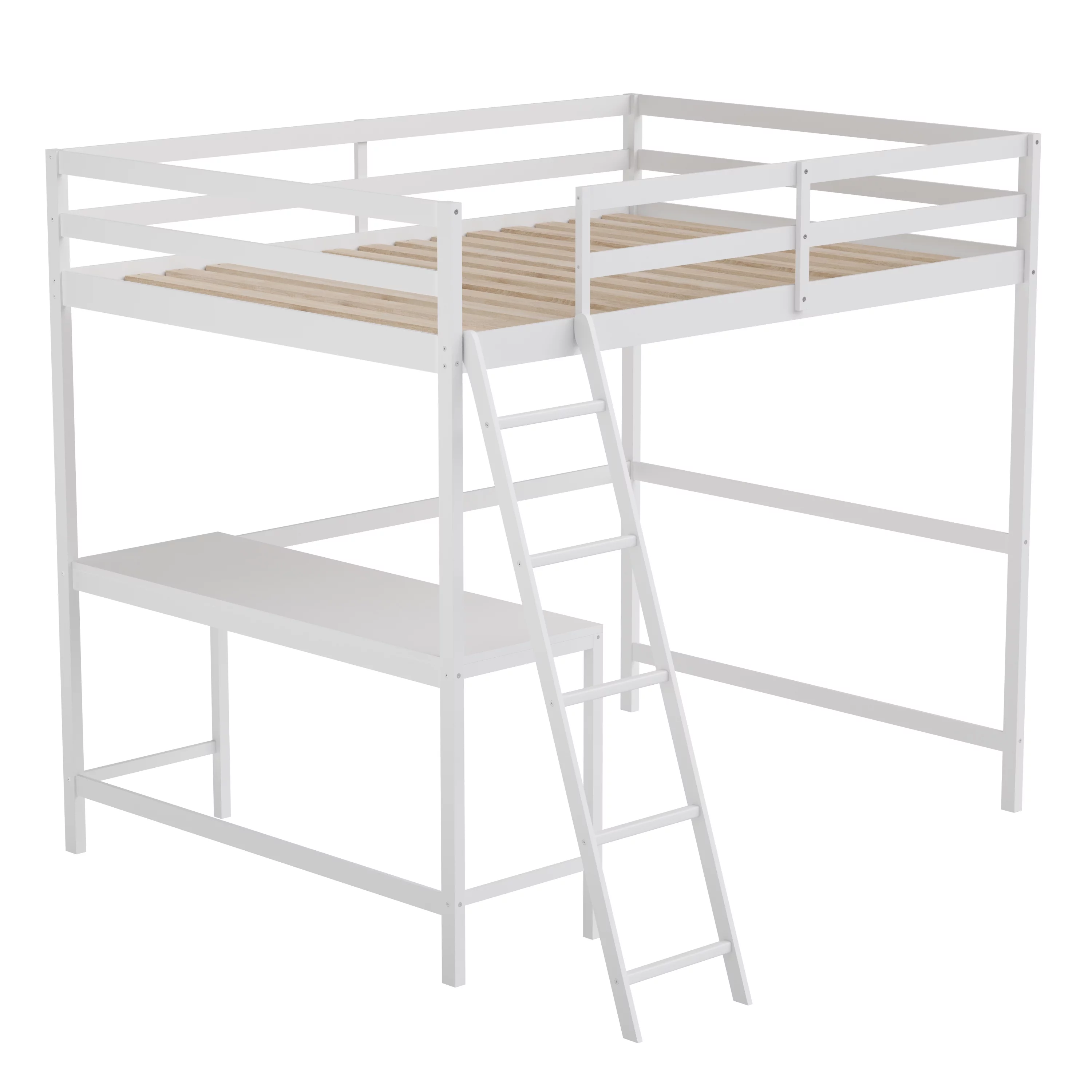 Emma + Oliver Full Wood Loft Bed Frame with Protective Guardrails and Integrated Desk and Ladder in White for Use with Any 6-8