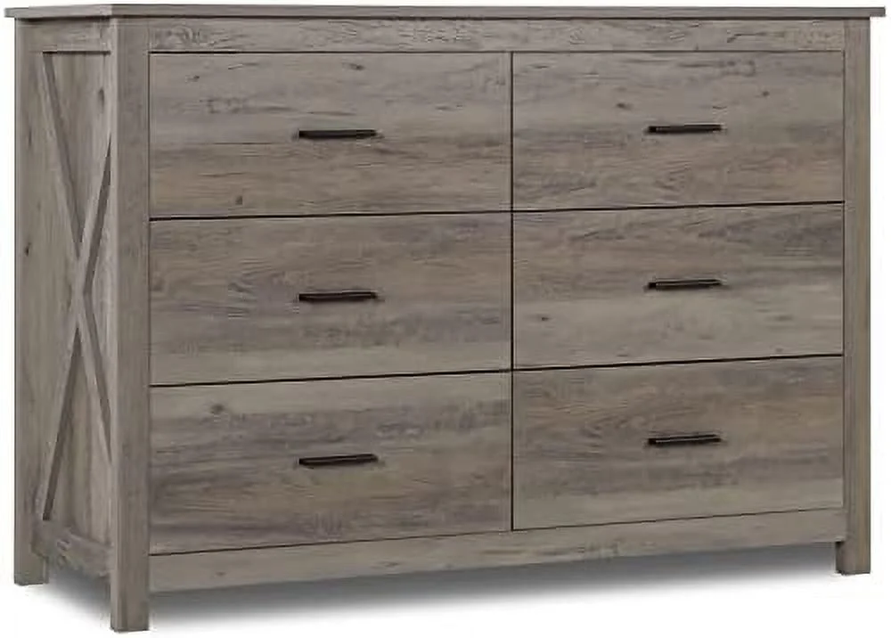RUNFAYBIU Dresser for Bedroom - Wooden Dresser with 6 Drawers Double Dresser Grey Oak Drawer Cabinet Chest of Drawer Farmhouse Bedroom
