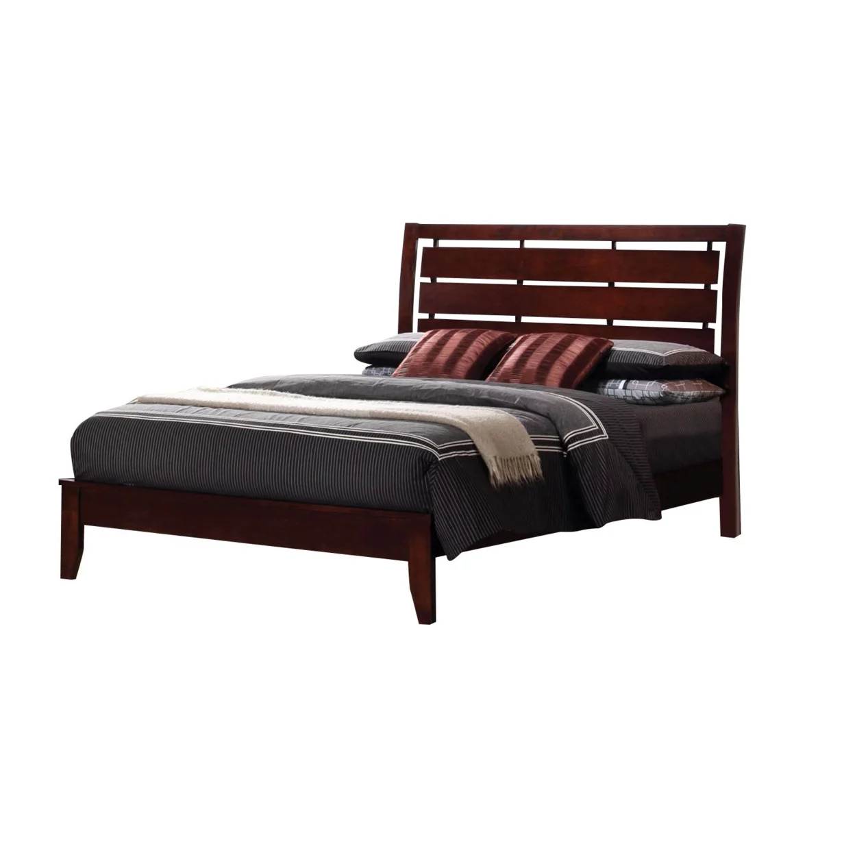 Transitional California King Size Wooden Bed with Slatted Headboard, Brown- Saltoro Sherpi