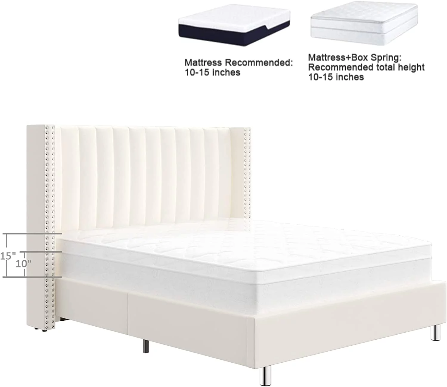 PaPaJet Queen Platform Bed Frame Tufted Upholstered Bed with Raised Wingback Headboard Low Profile Velvet Bed/No Box Spring Required/Wood Slat Support/Easy Assembly/Cream