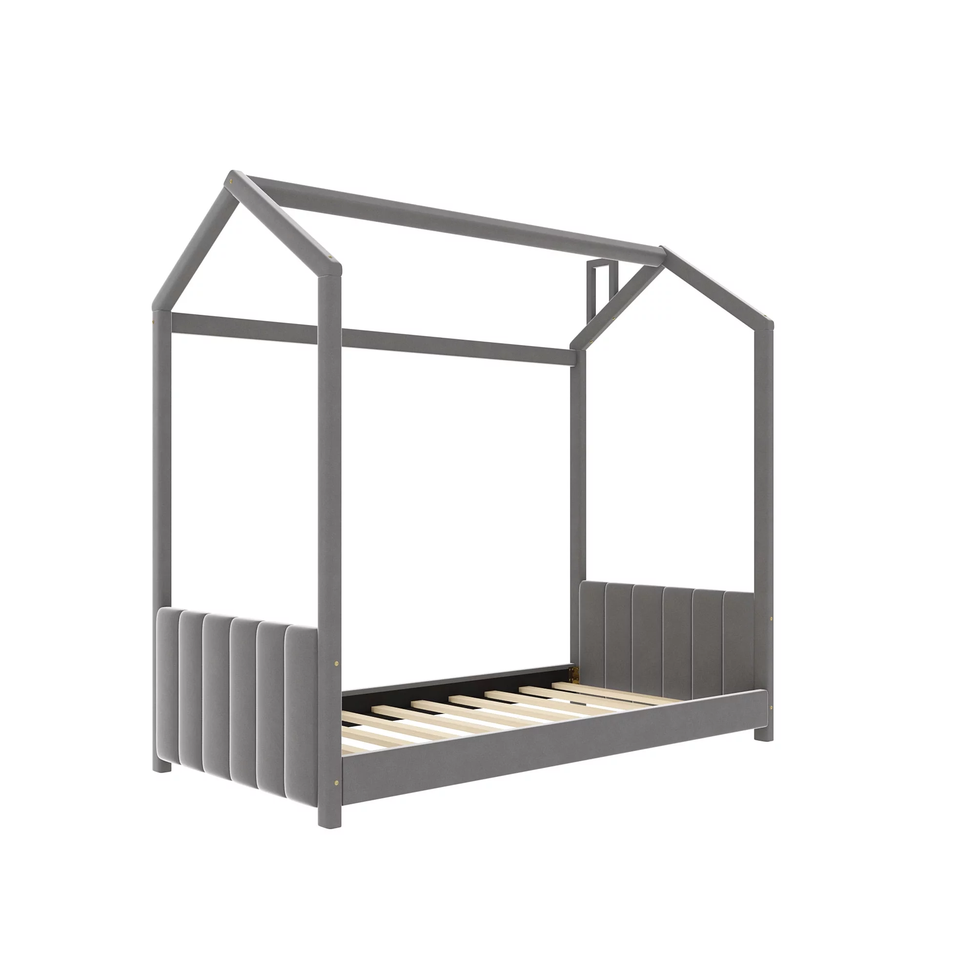 Sesslife Twin House Bed for Kids, Velvet Montessori Floor Bed with Roof, Wood Toddler Twin Floor Bed for Girls, Boys, No Box Spring Needed (Gray)