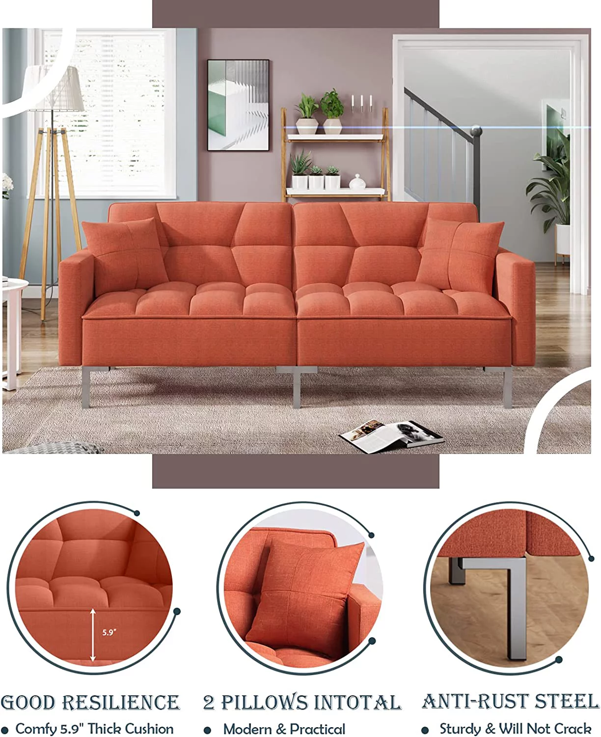 Convertible Futon Sofa Bed with Two Pillows, Modern Upholstered Sleeper Sofa Couch