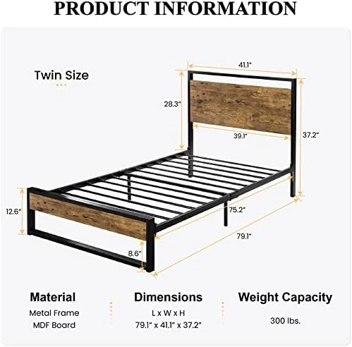 HBBOOMLIFE Queen Bed Frame with Wood Headboard and Footboard  Heavy Duty Metal Platform Bed Frame  No Box Spring Needed  Noise-Free  Rustic Brown