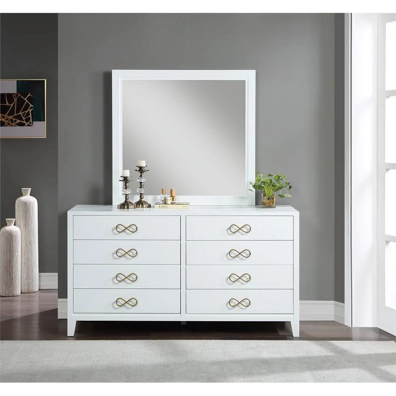 Maklaine 8 Drawers Contemporary Wood Dresser in Rich White/Brushed Gold