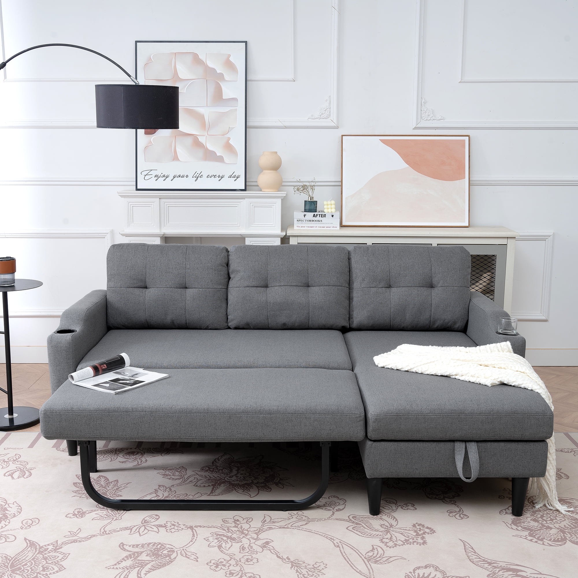 Modern 3 Seater Sectional Sofa Bed with Chaise Lounge, 100% Polyester Convertible Modular Sleeper Couch with Storage and Cup Holder for Living Room Office Apartment