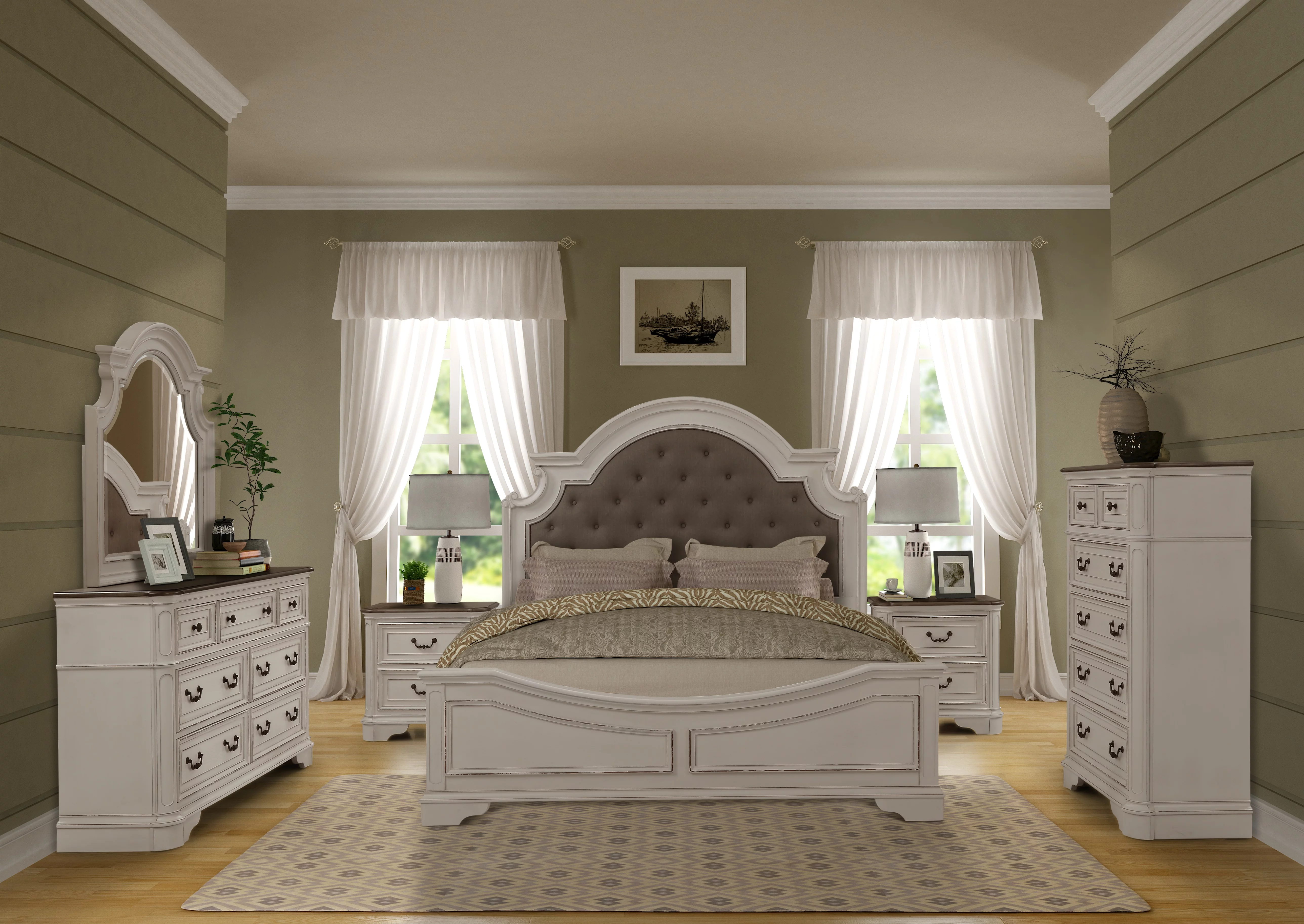 Laval Wood Bedroom Set, Upholstered King Bed, Dresser, Mirror, 2 Nightstands, Chest, Antique White and Oak