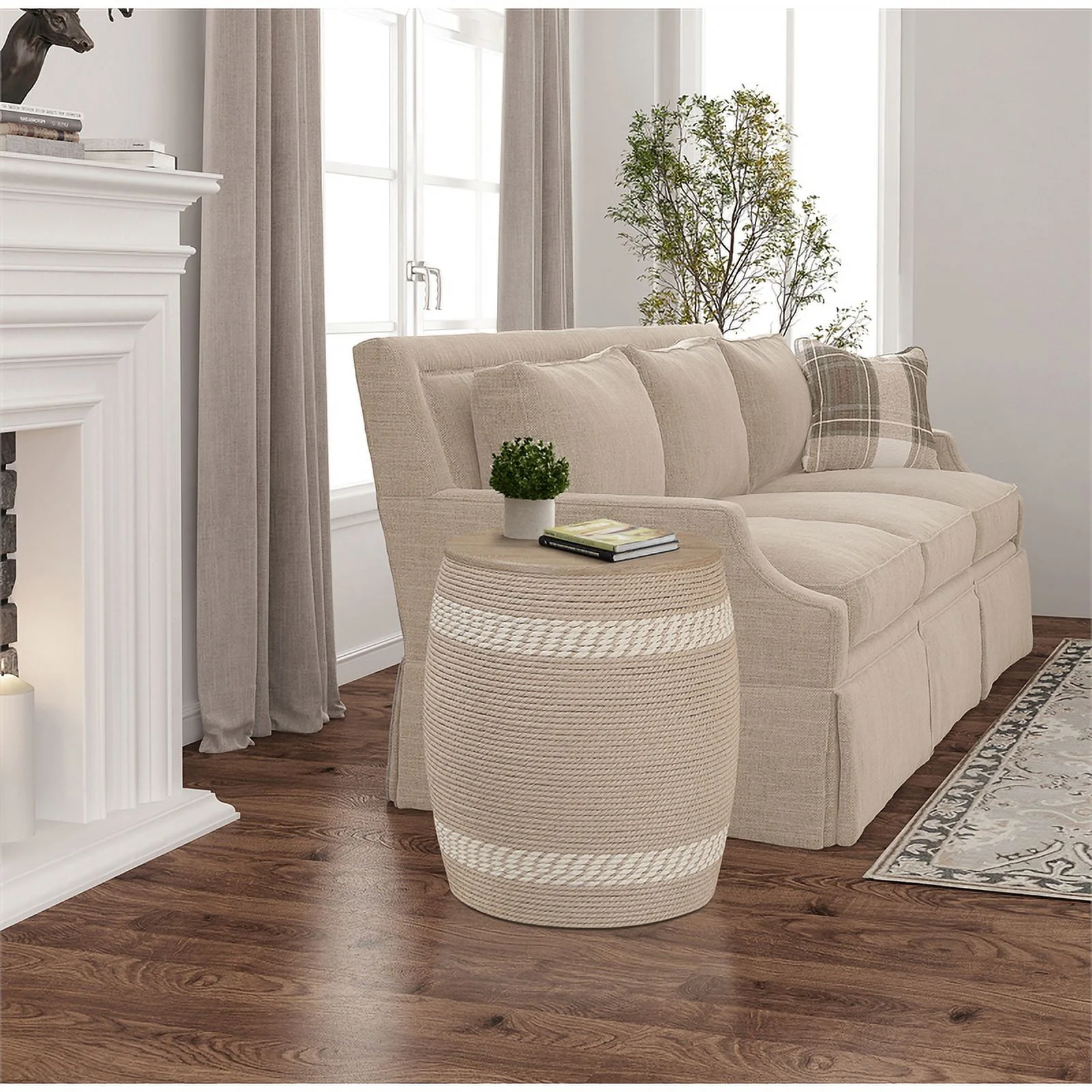 Gallerie Decor Dimensions Transitional Rattan Drum Side Table in Natural