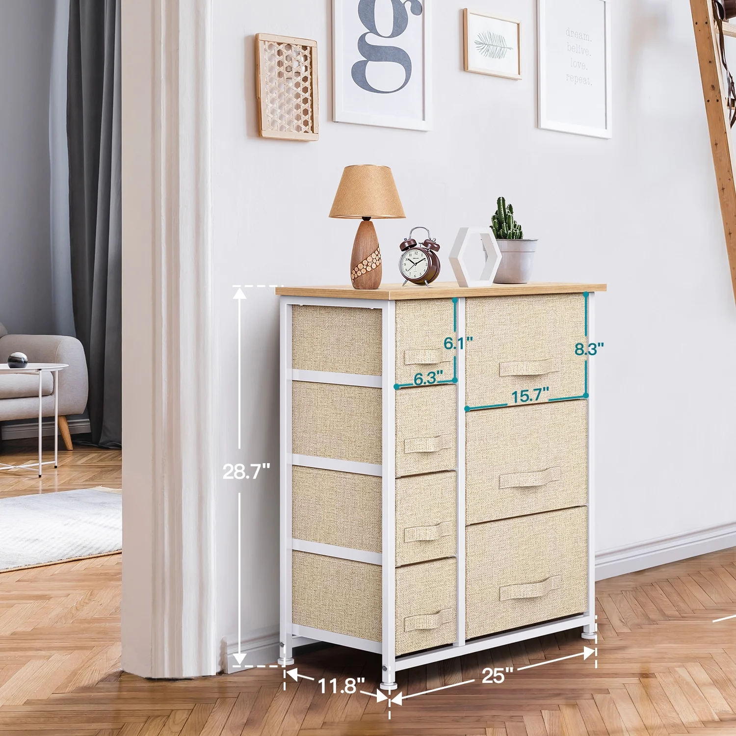 7 Drawer Fabric Dresser ,Storage Baby Dresser with Steel Frame and Wooden Top for Living Room/Bedroom/Hallway/Nursery, Beige