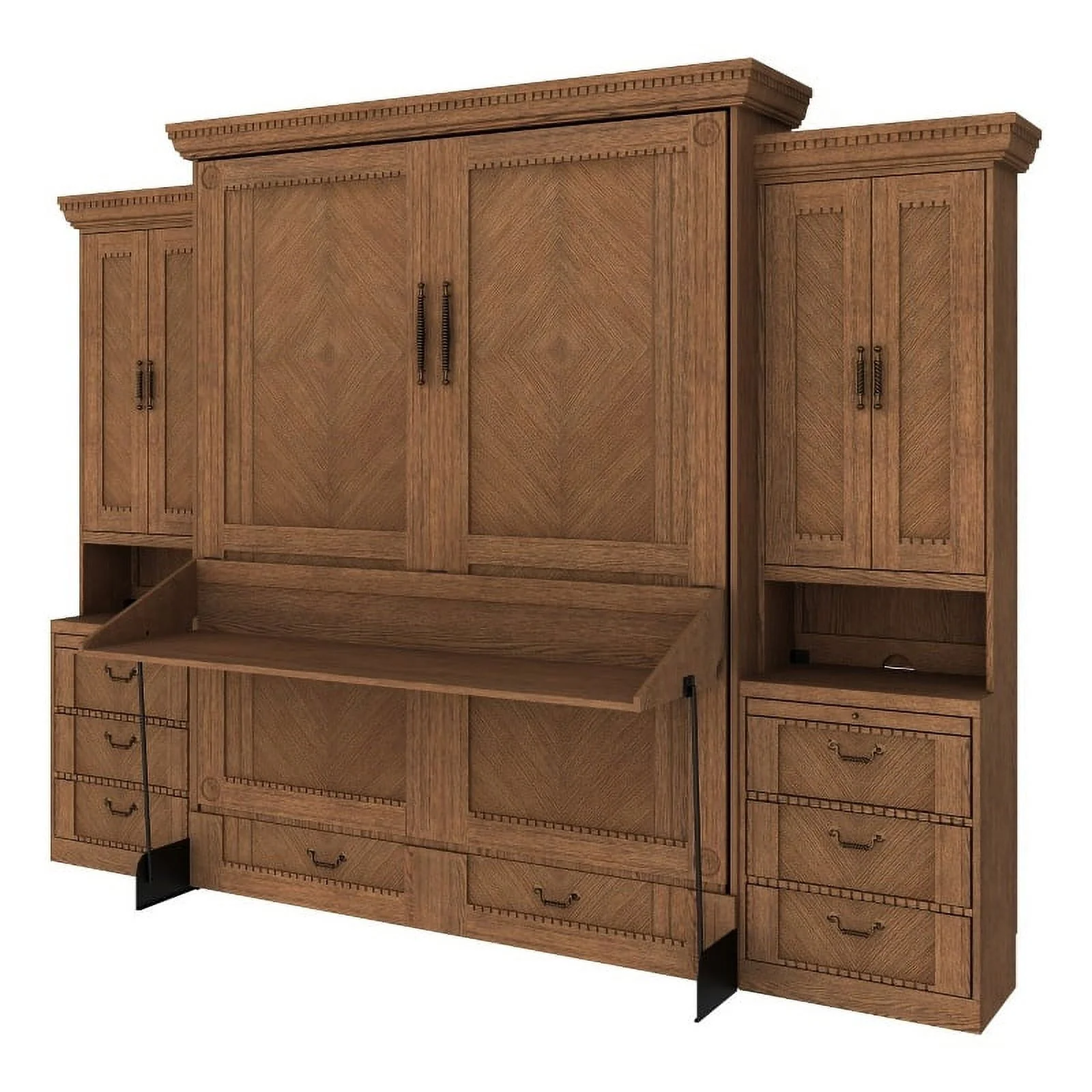 RoomAndLoft Queen Wood Murphy Wall Desk Bed & 2 Shelf Storage Units in Brown