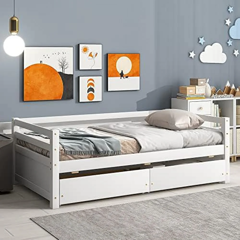 Size Daybed With 2 Storage Drawers, Solid Wood Sofa Bed Frame For Bedroom, Living Room, Apartment, White
