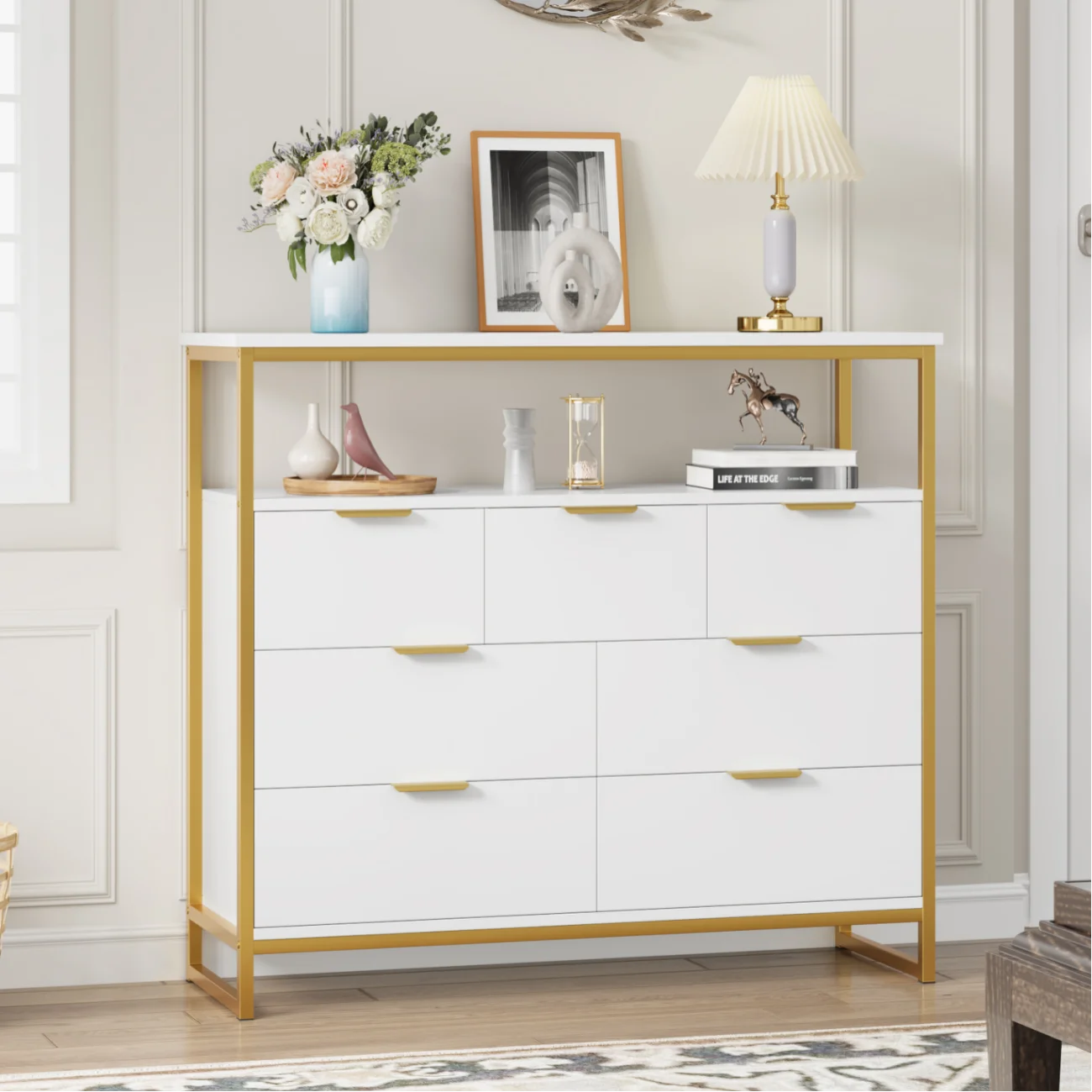 Homfa 7 Drawer Dresser for Bedroom, Modern Sturdy Metal Frame Wood Storage Cabinet with Display Shelf for Living Room, White Gold
