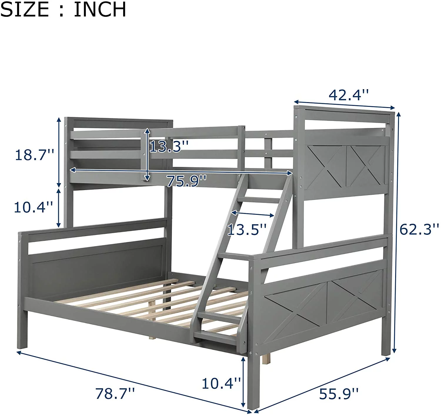 Bunk Bed Over Full, Over Full Bunk Beds With Storage Drawers, Wood Bunk Bed Frame With Guardrail And Ladder For Kids Boys Girls Teens, Can Be Convertible To 2 Beds, Grey