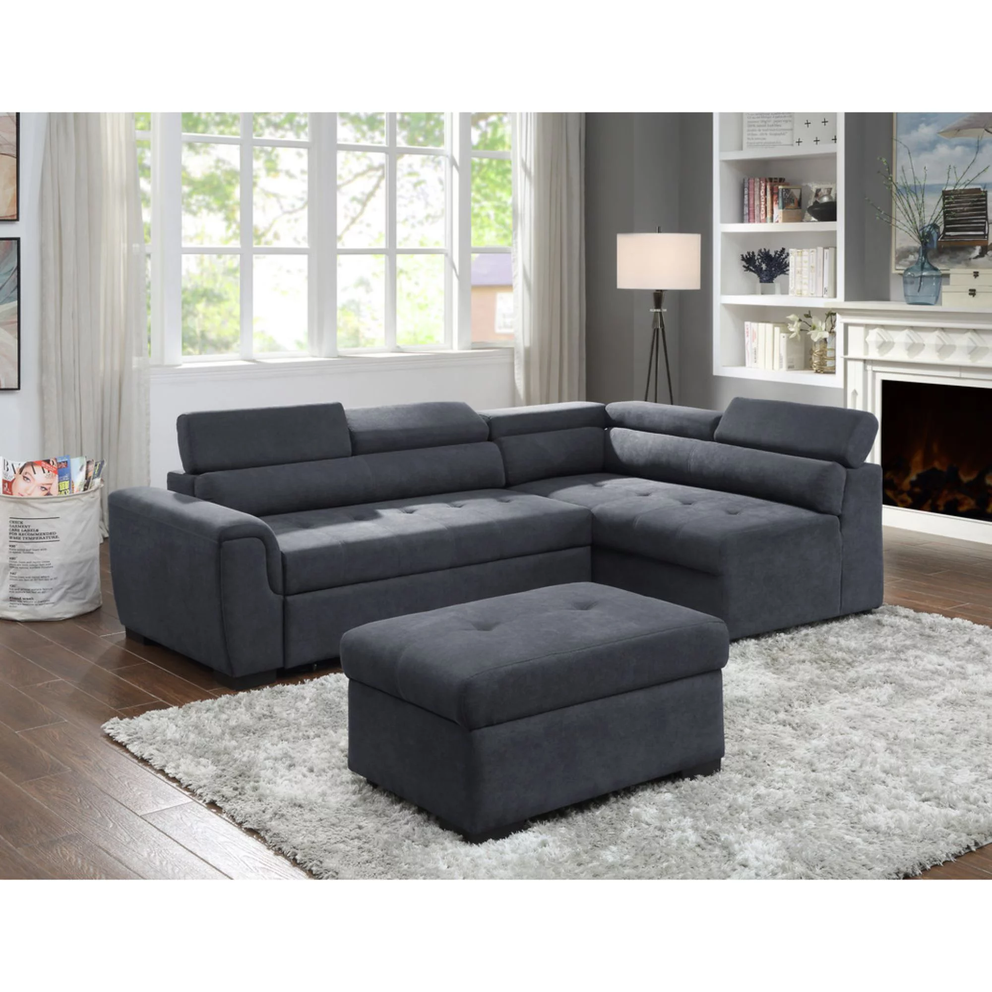 Haris Gray Fabric Sleeper Sofa Sectional Couch and Storage Ottoman