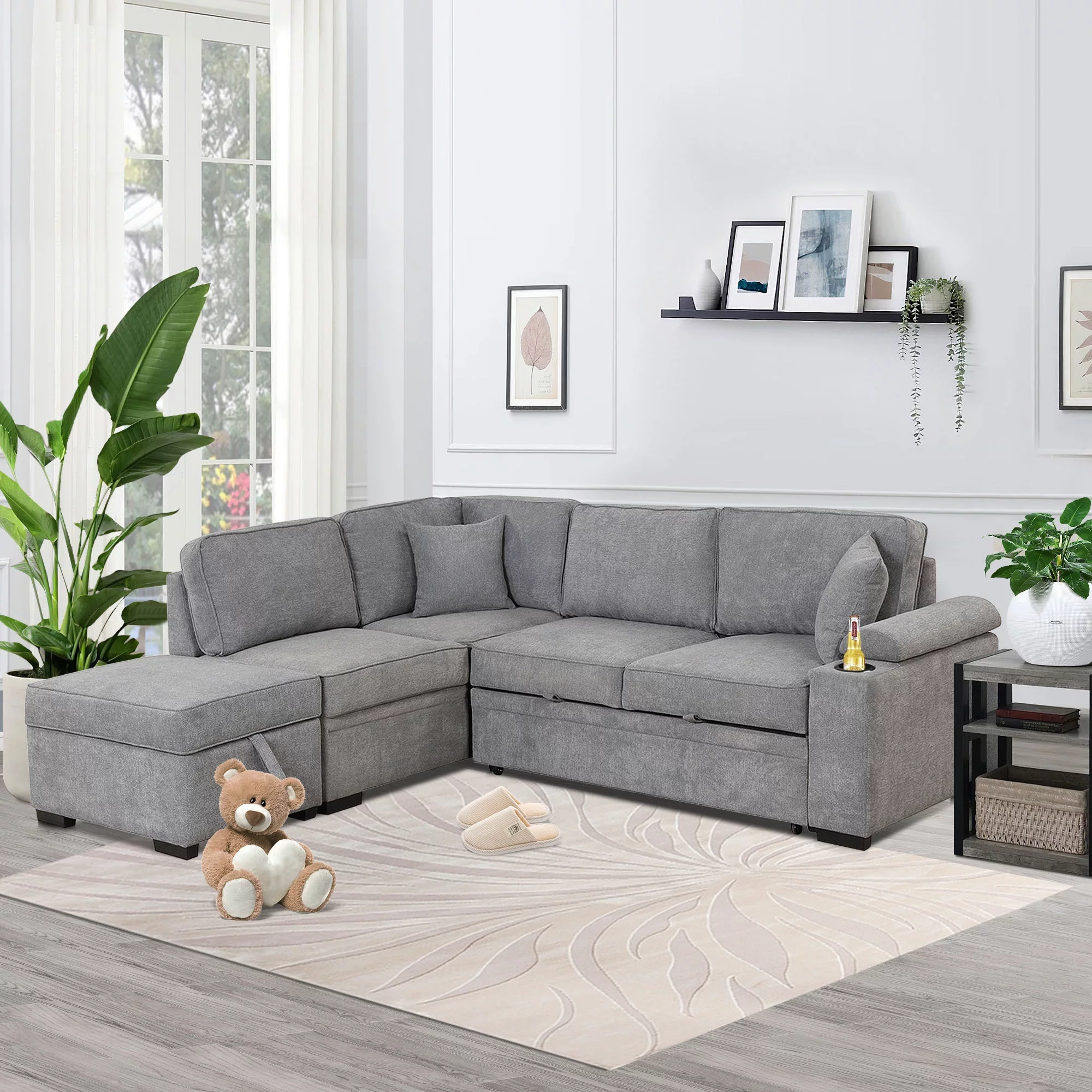 Euroco Sleeper Sofa Bed 5 Seat, Pull Out Sofa Bed with USB Ports L Shape Couch with Storage Ottoman for Living Room Bedroom, Gray