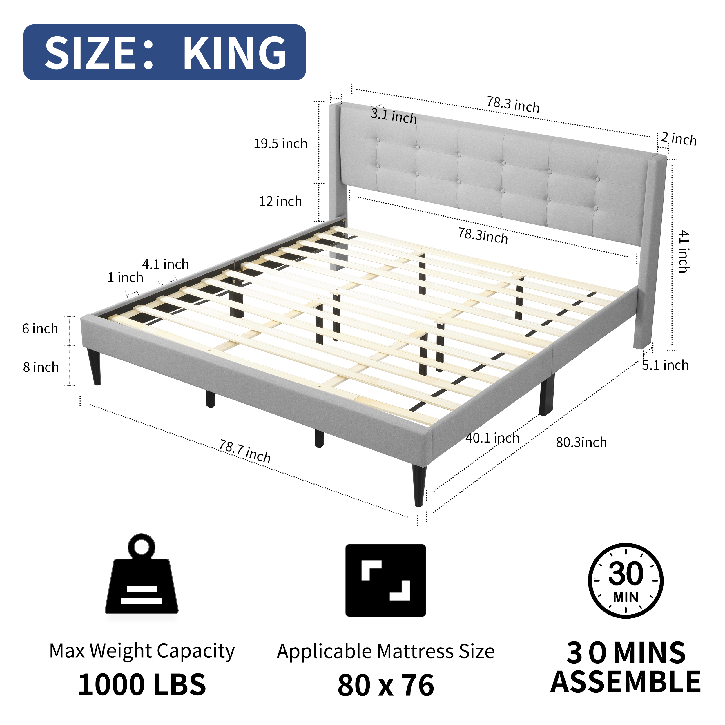 Larksperal King Size Bed Frame Platform with Fabric Upholstered Headboard and Wooden Slats Support, Grey
