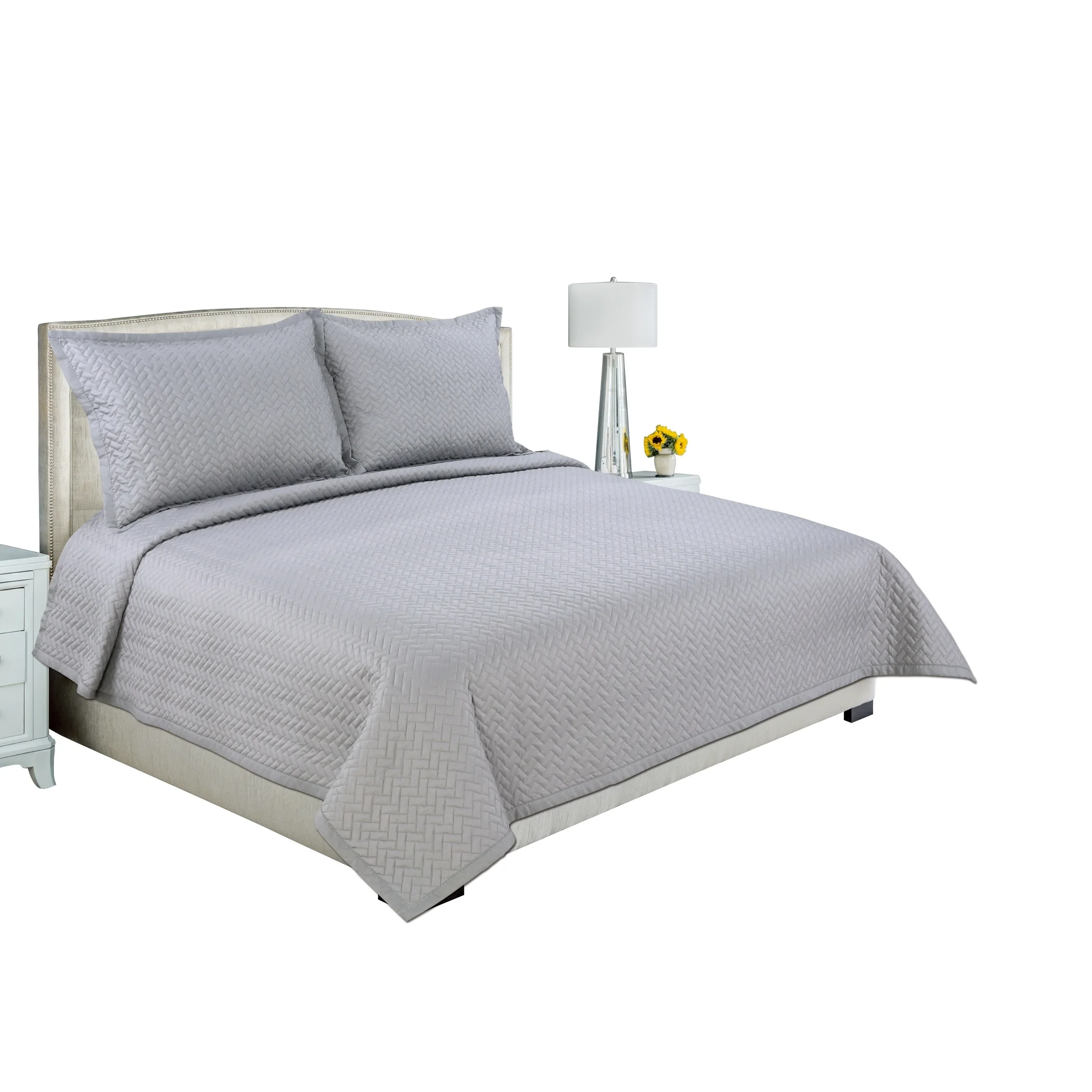 Hong and Arts Inc. Marina Decoration Embroidered Stitching Coverlet Bedspread Ultra Soft Solid Summer Quilt Set, Herringbone Silver - California King