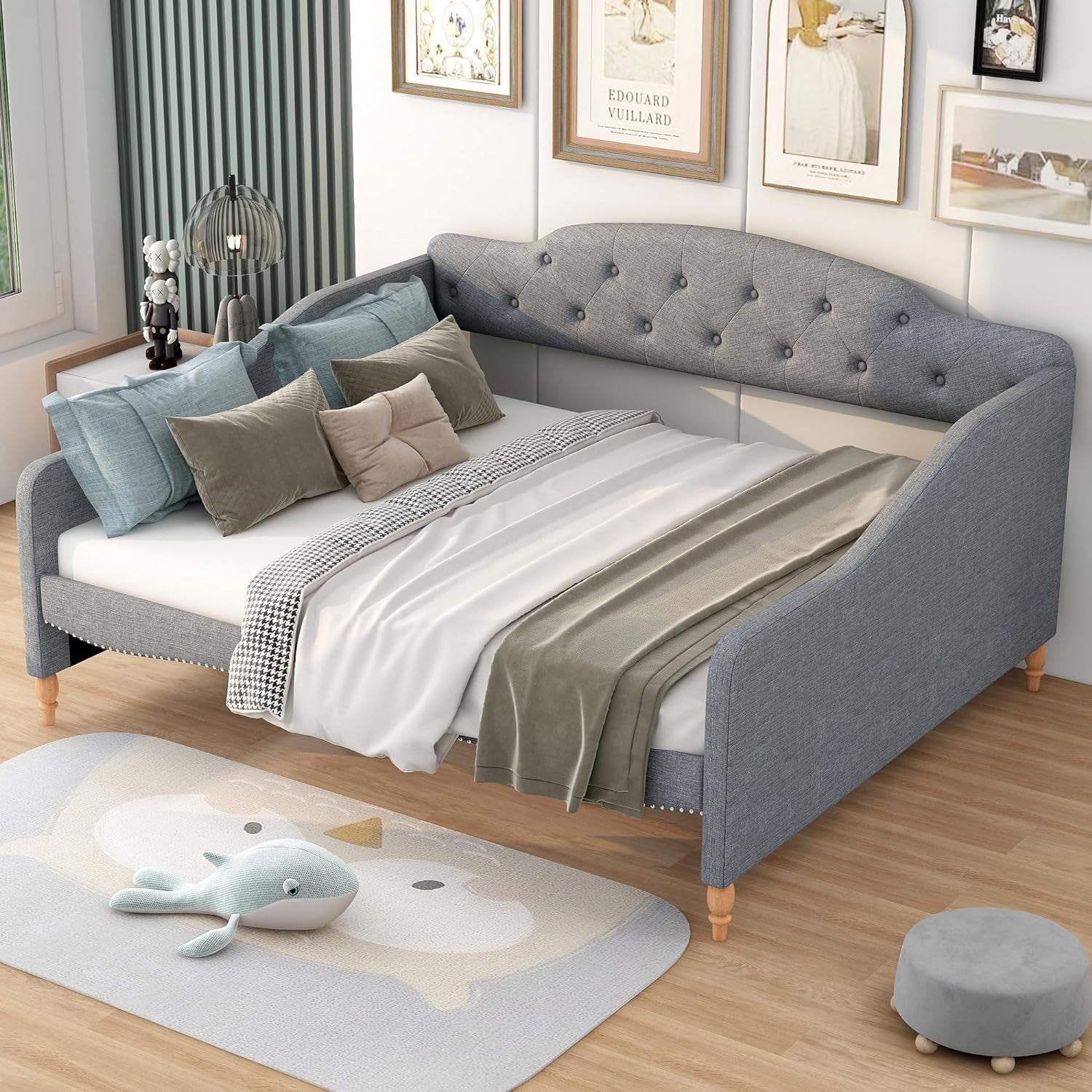 Upholstered Full Daybed, Vitage Lie Butto Tufted Daybed,Wood Sofa Daybed Frame For Livig Room,Bedroom,o Box Sprig eeded,Grey