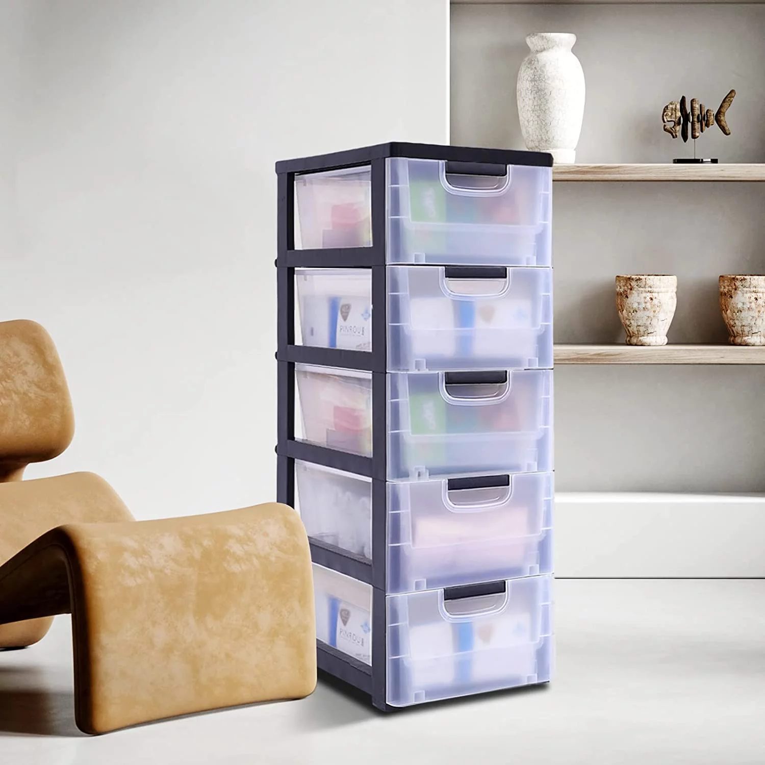 MONIPA Plastic Drawers Storage Cabinet with 5 Drawers Modern Transparent Organizer for Bedroom Playroom for Storing Clothes Towels Toys