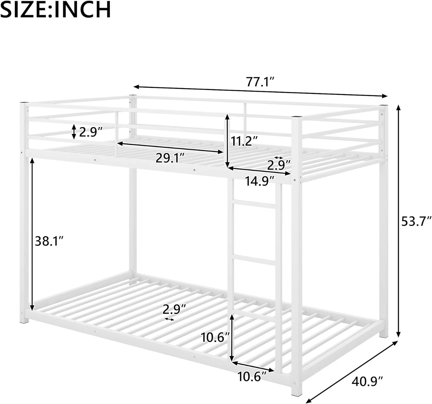 Over Metal Bunk Bed, Low Bunk Bed With Ladder,White