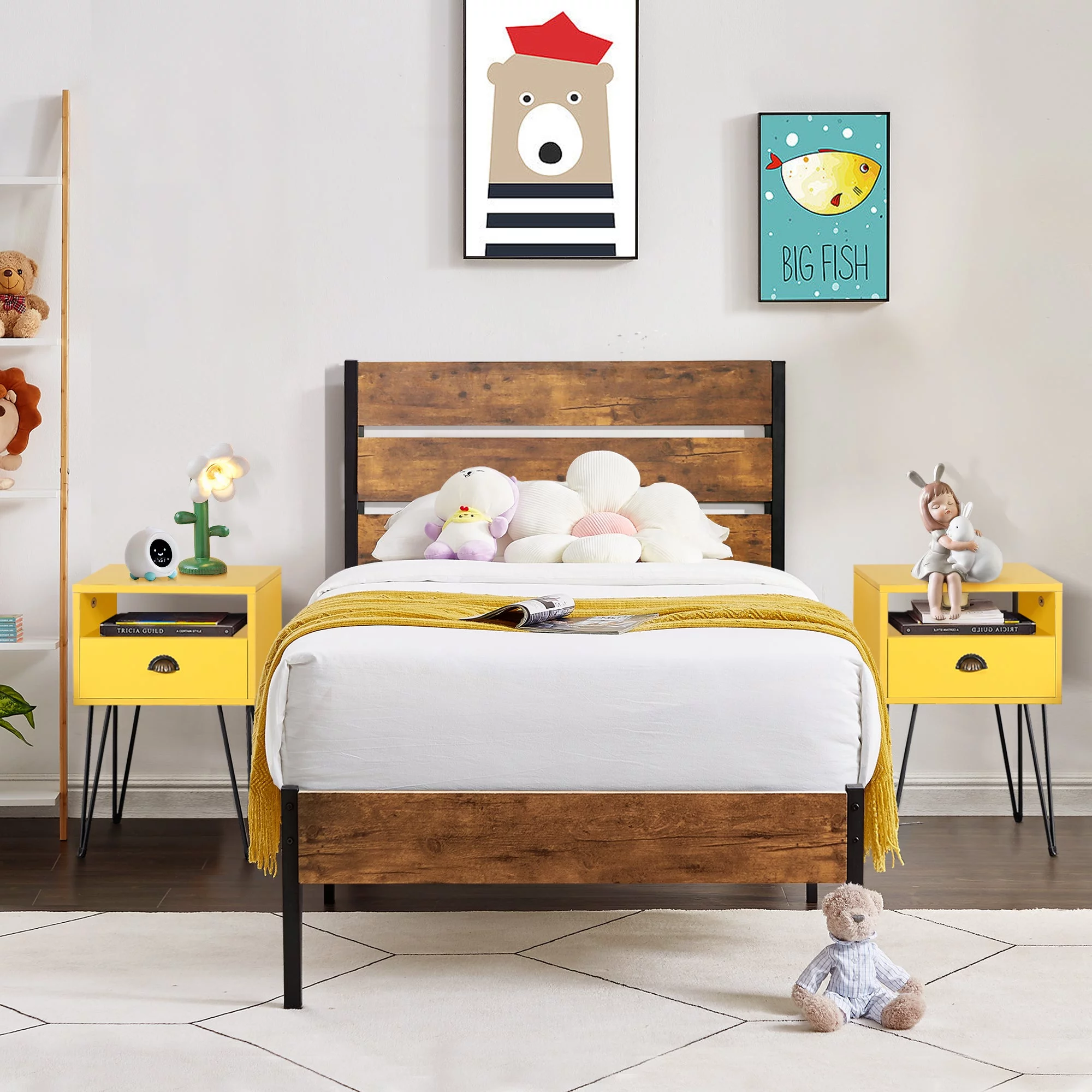 VECELO 3-Piece Bedroom Set Metal Bed Frame with Wooden Headboard and 2 Nightstand, Twin Size