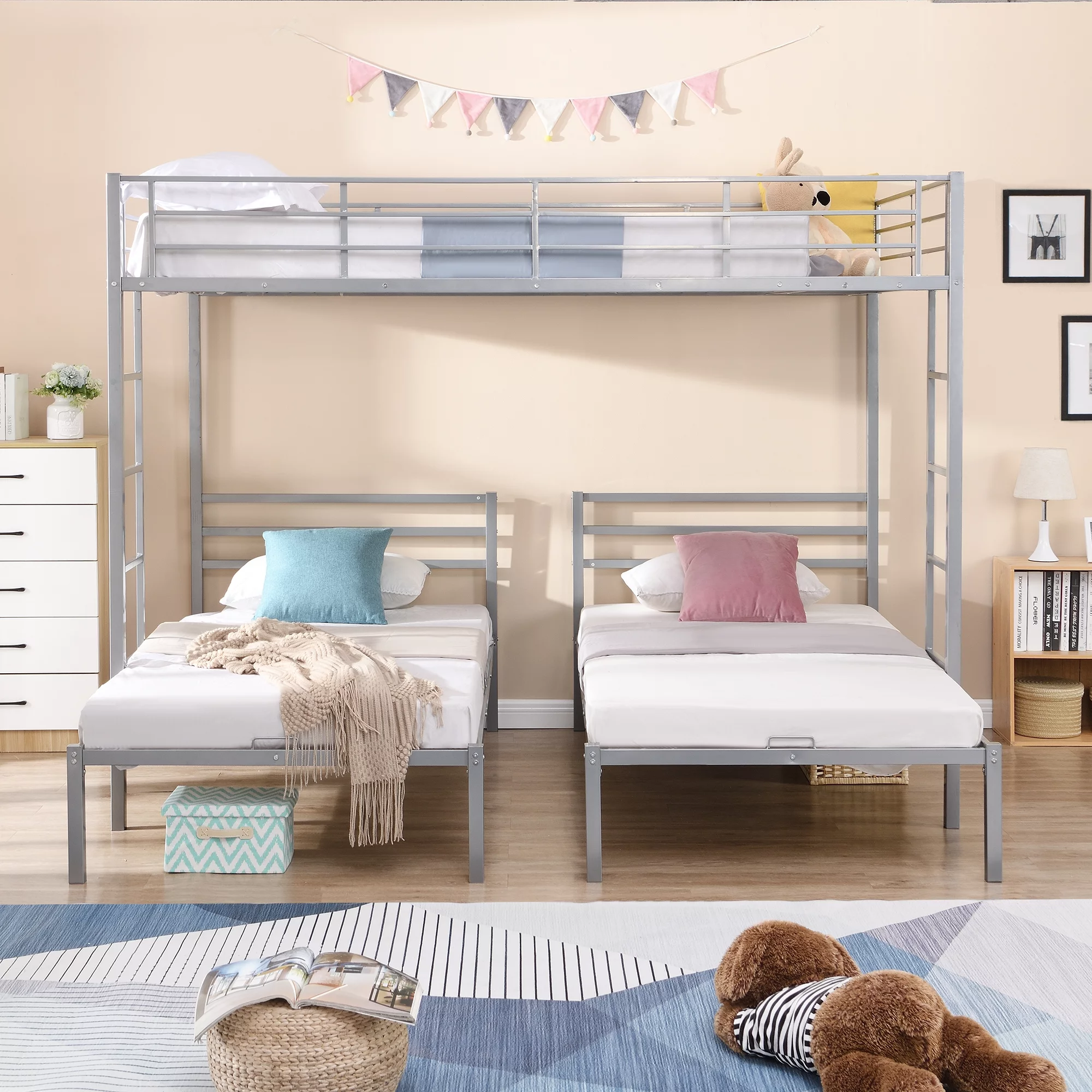 Euroco Modern Metal Full over Twin & Twin Size Bunk Bed for Kids Bedroom, 3-in-1 Bunk Bed, Silver
