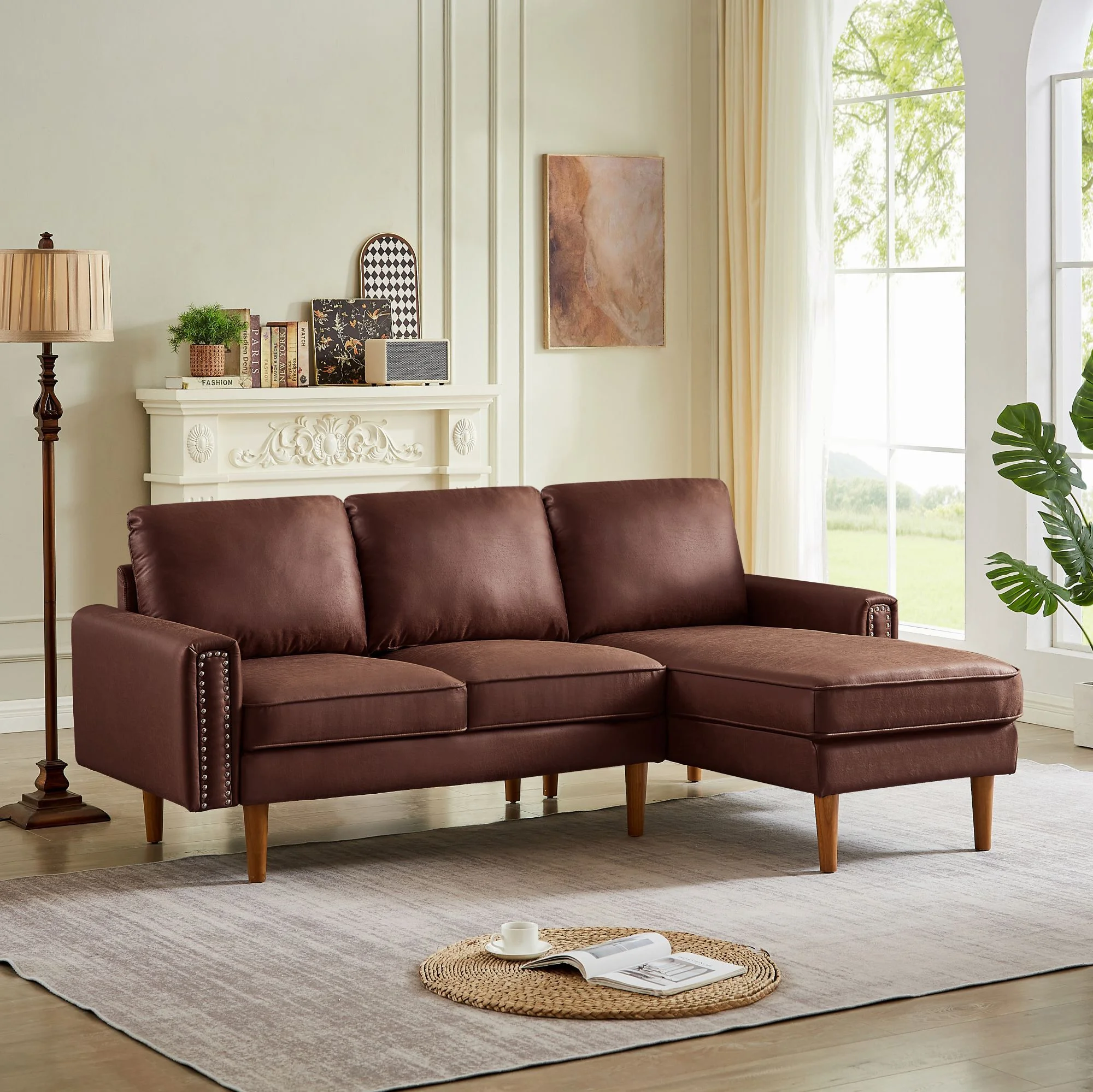 DEALTOPS Mid-Century L-Shaped Sofa Couch, Sectional Couch with Left Chaise and Copper Nails, Dark Brown